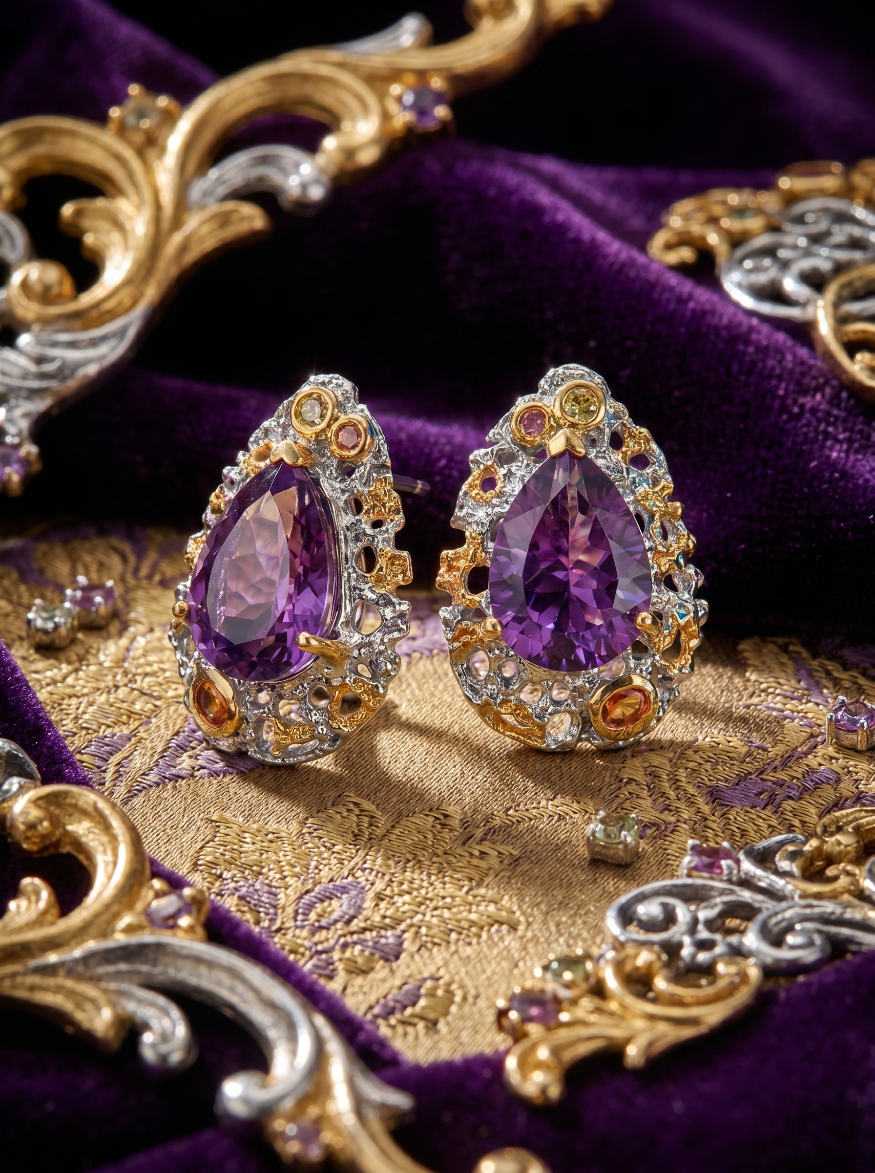 Purple Crystal Secret Realm - Natural Amethyst Statement Earrings, 925 Silver Two-Tone Gold Vintage Design, Unique & Luxurious