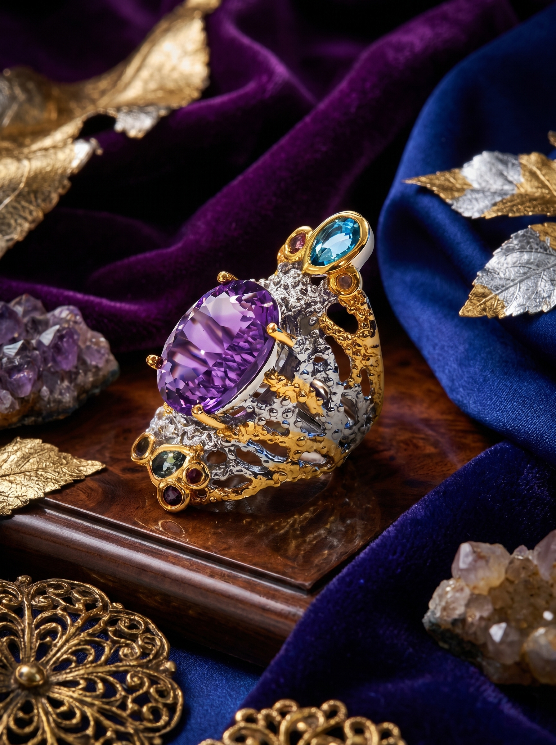 "Purple Mist Coral" Natural Amethyst Two-Tone Gold Adjustable Open Ring, 925 Silver