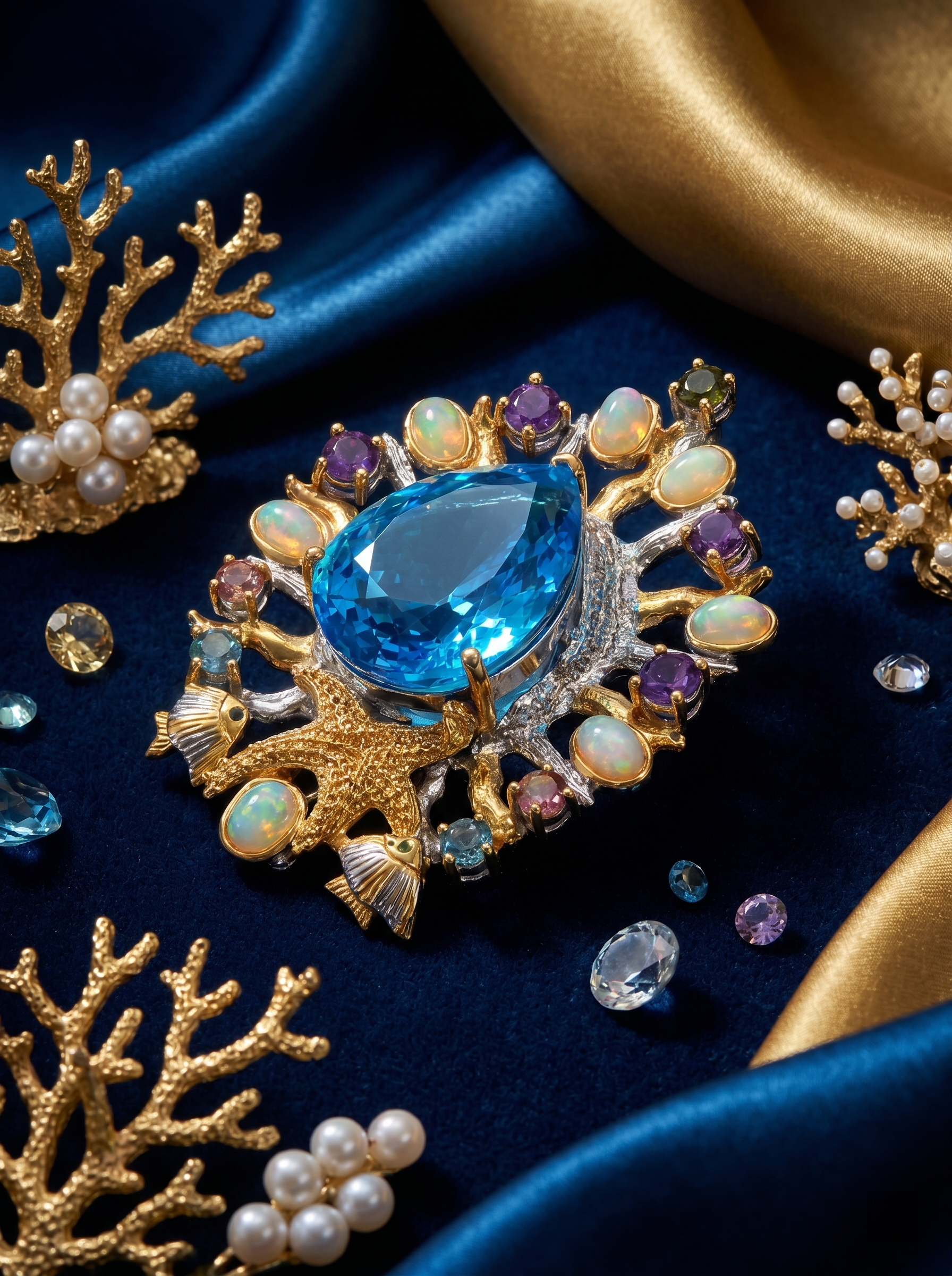 "Deep Sea Fantasy" Natural Blue Topaz Ocean Theme Pendant & Brooch, Dual-Use 925 Silver Statement Piece