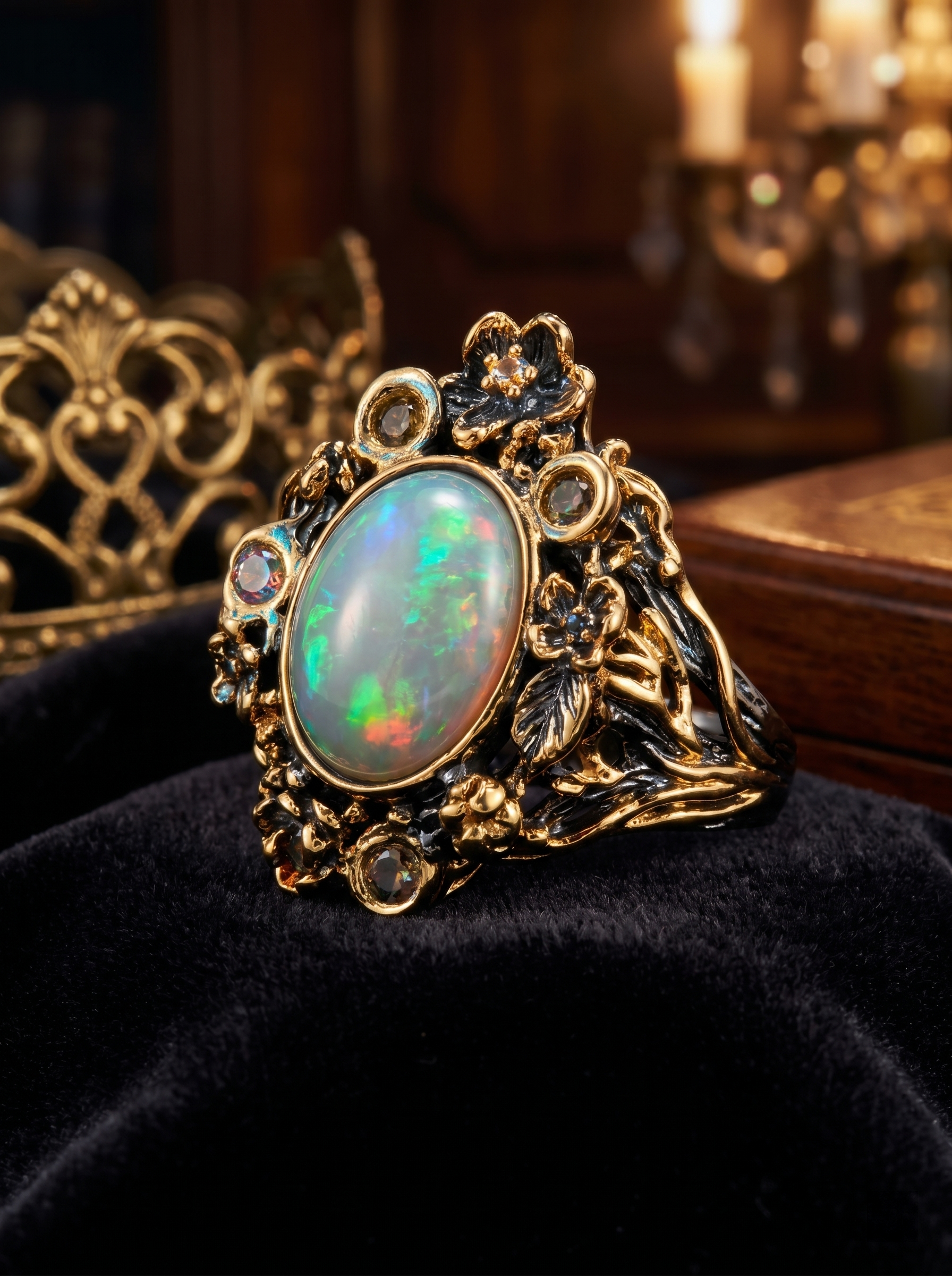 "Rainbow Bloom" Natural Opal Two-Tone Gold Adjustable Open Ring, 925 Silver