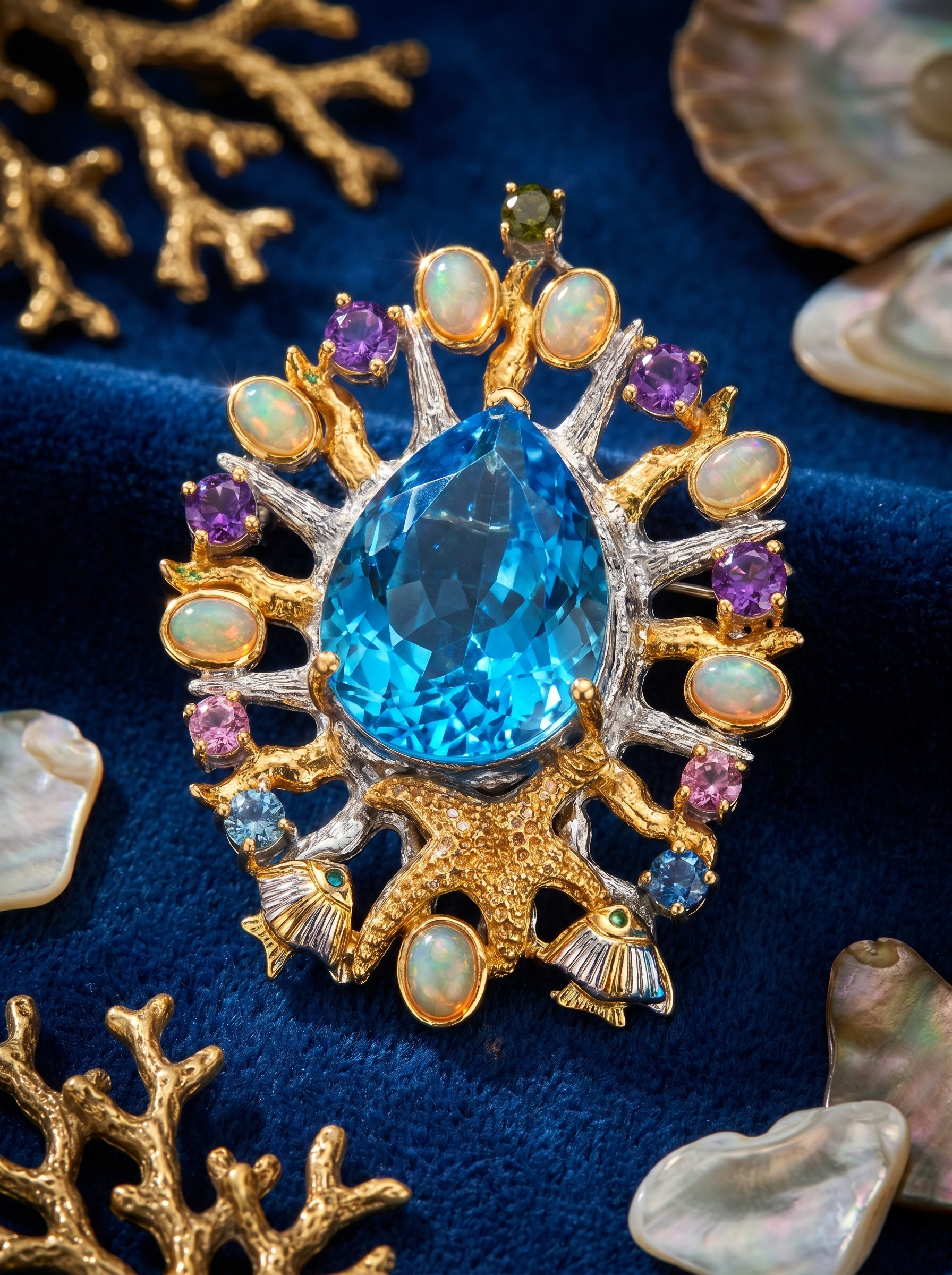 "Deep Sea Fantasy" Natural Blue Topaz Ocean Theme Pendant & Brooch, Dual-Use 925 Silver Statement Piece