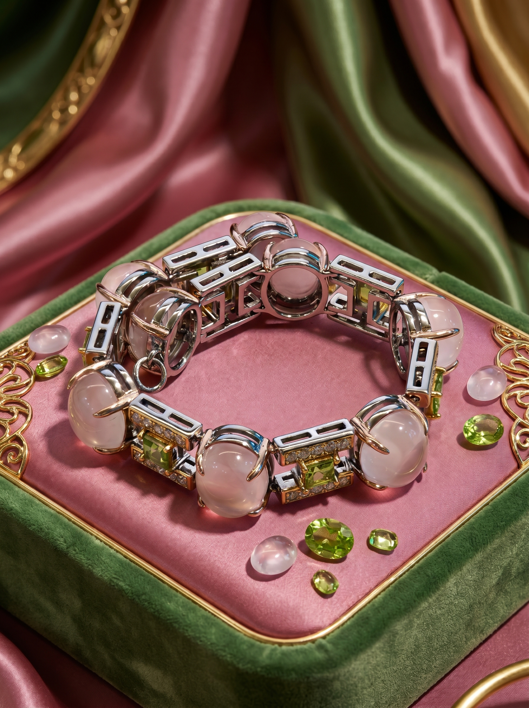Spring Letter 925 Silver Rose Quartz & Peridot Statement Bracelet