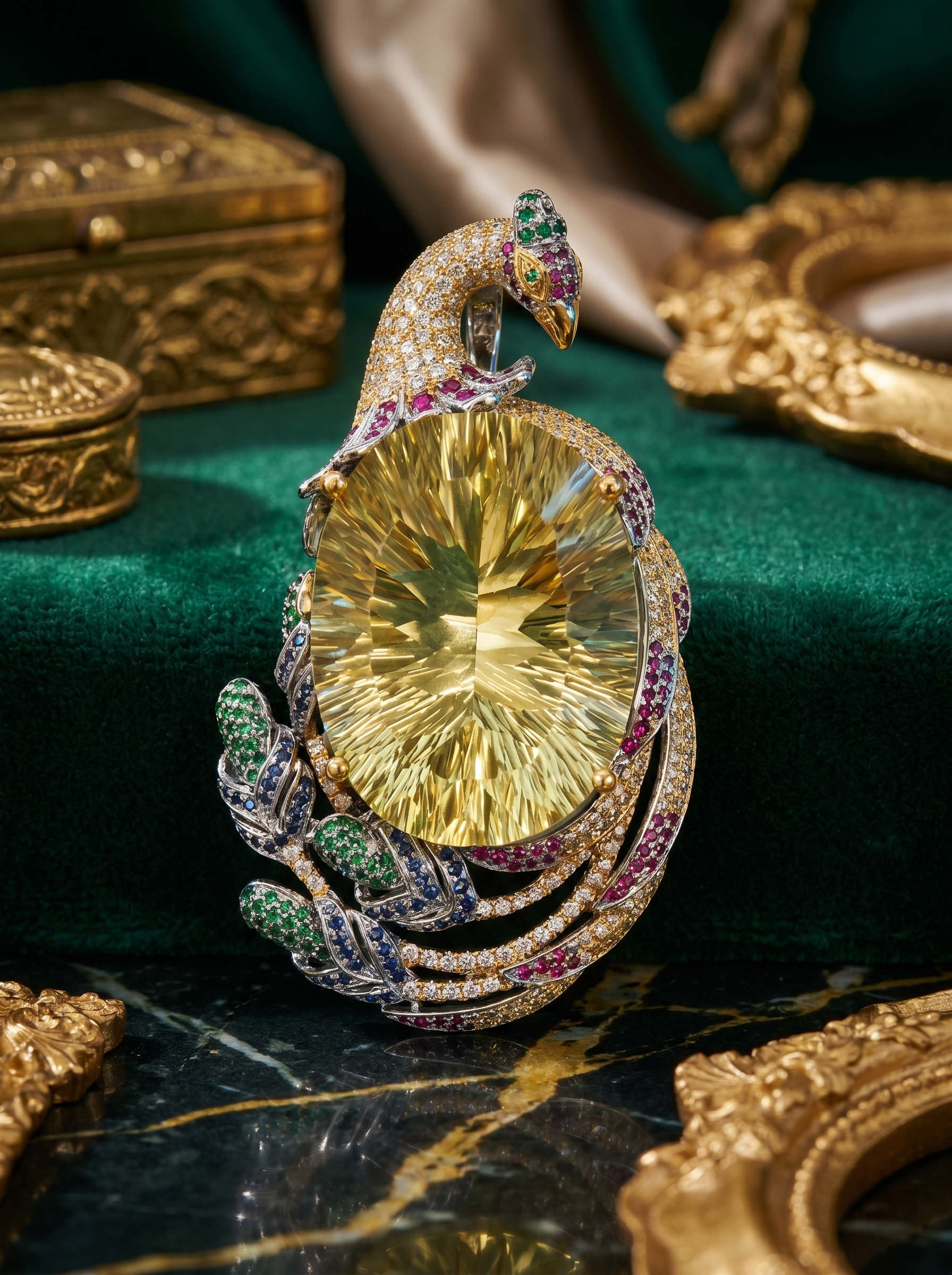 "Golden Phoenix Plume" Natural Lemon Quartz Peacock Pendant & Brooch, 925 Silver Dual-Use Statement Piece