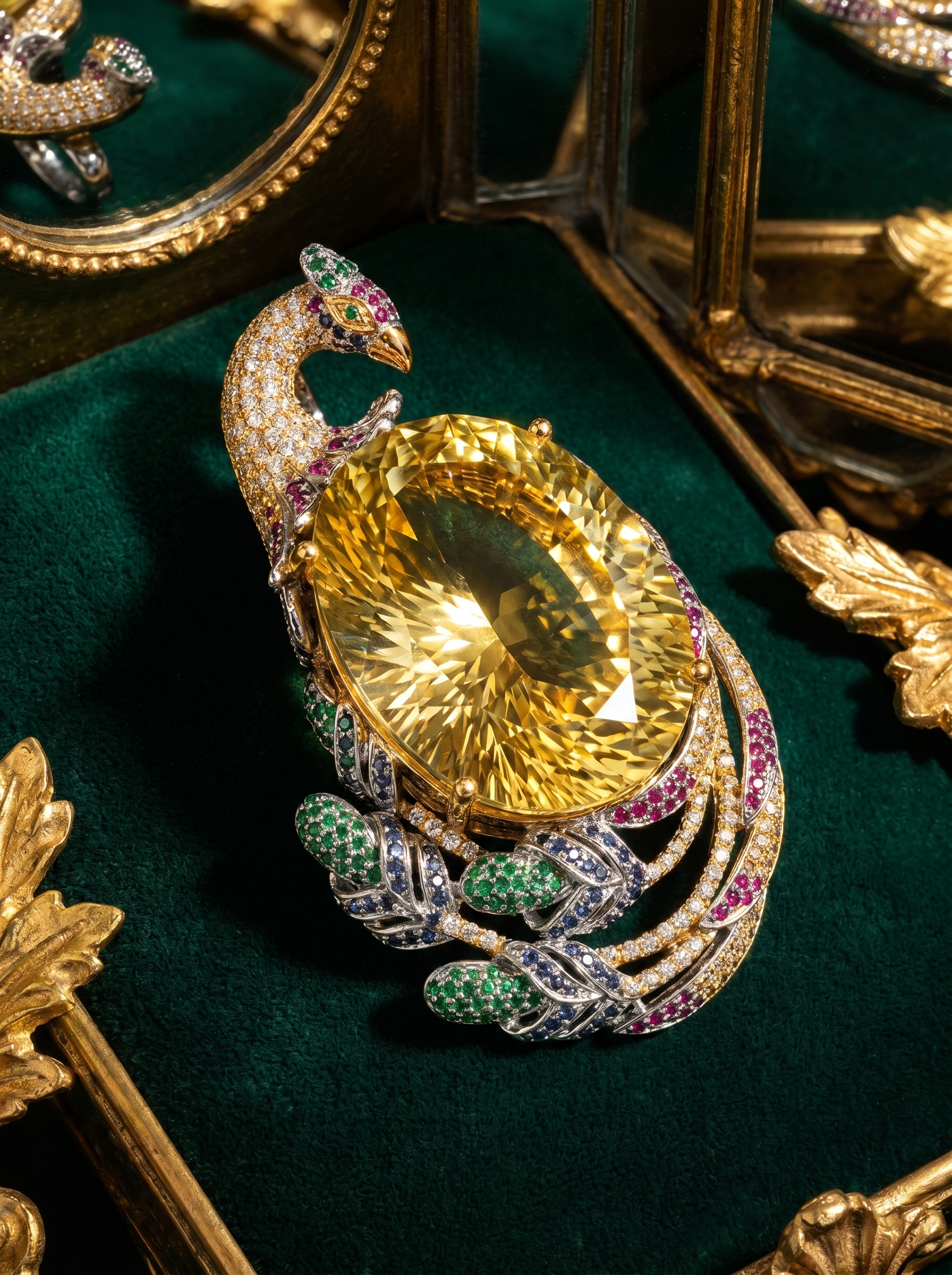 "Golden Phoenix Plume" Natural Lemon Quartz Peacock Pendant & Brooch, 925 Silver Dual-Use Statement Piece