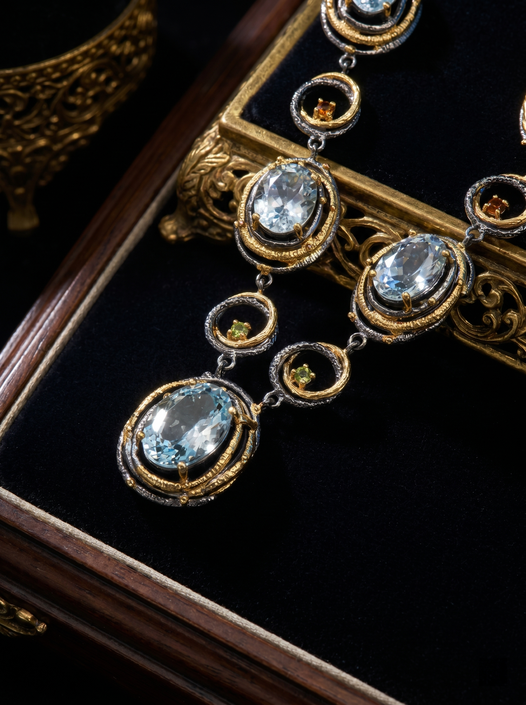 "Deep Sea Prelude" Natural Aquamarine Two-Tone Gold Heavy Statement Necklace, 925 Silver