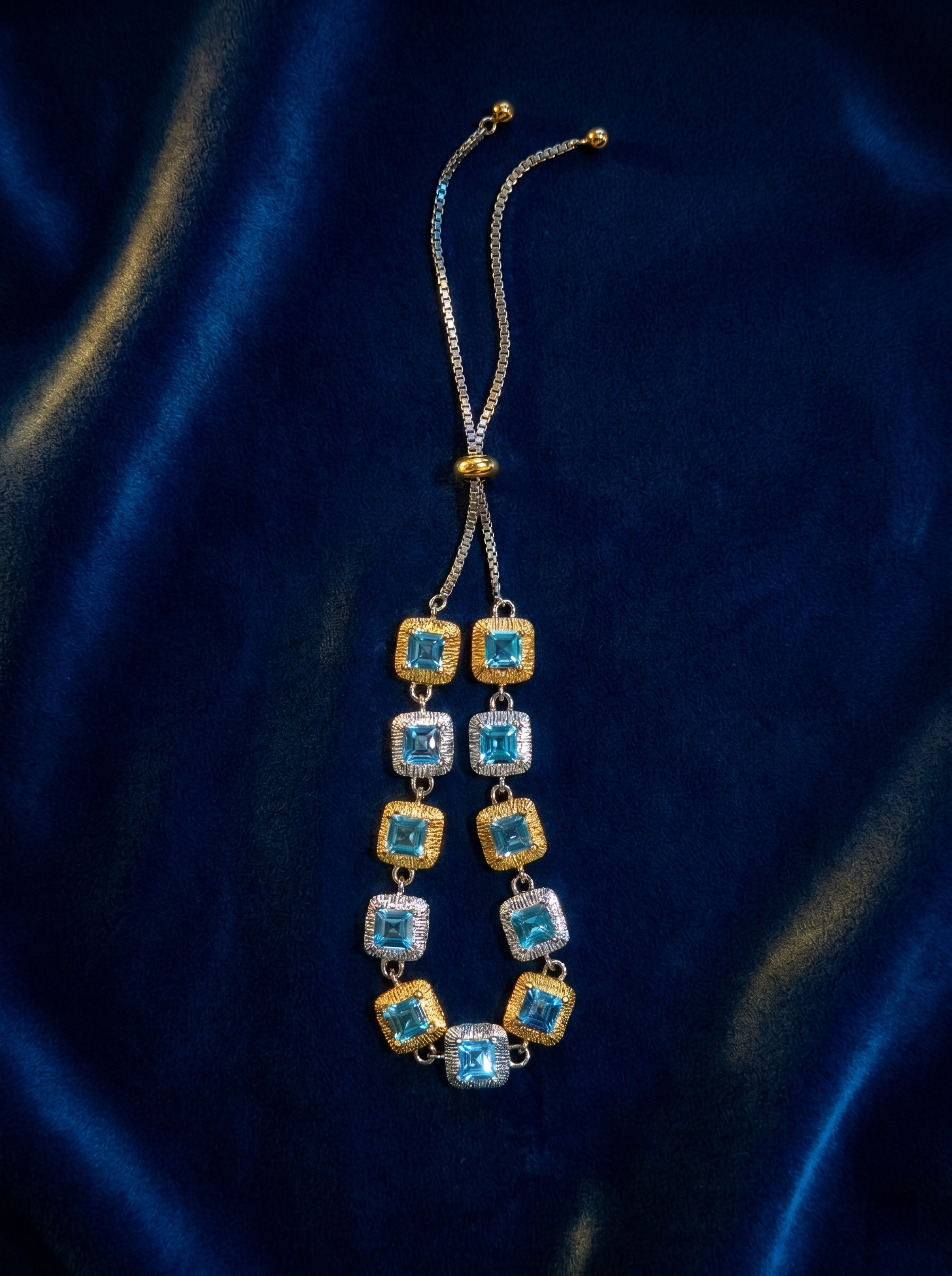 "Ice Sea Sugar Cube" Natural Topaz Two-Tone Adjustable Bracelet, 925 Silver