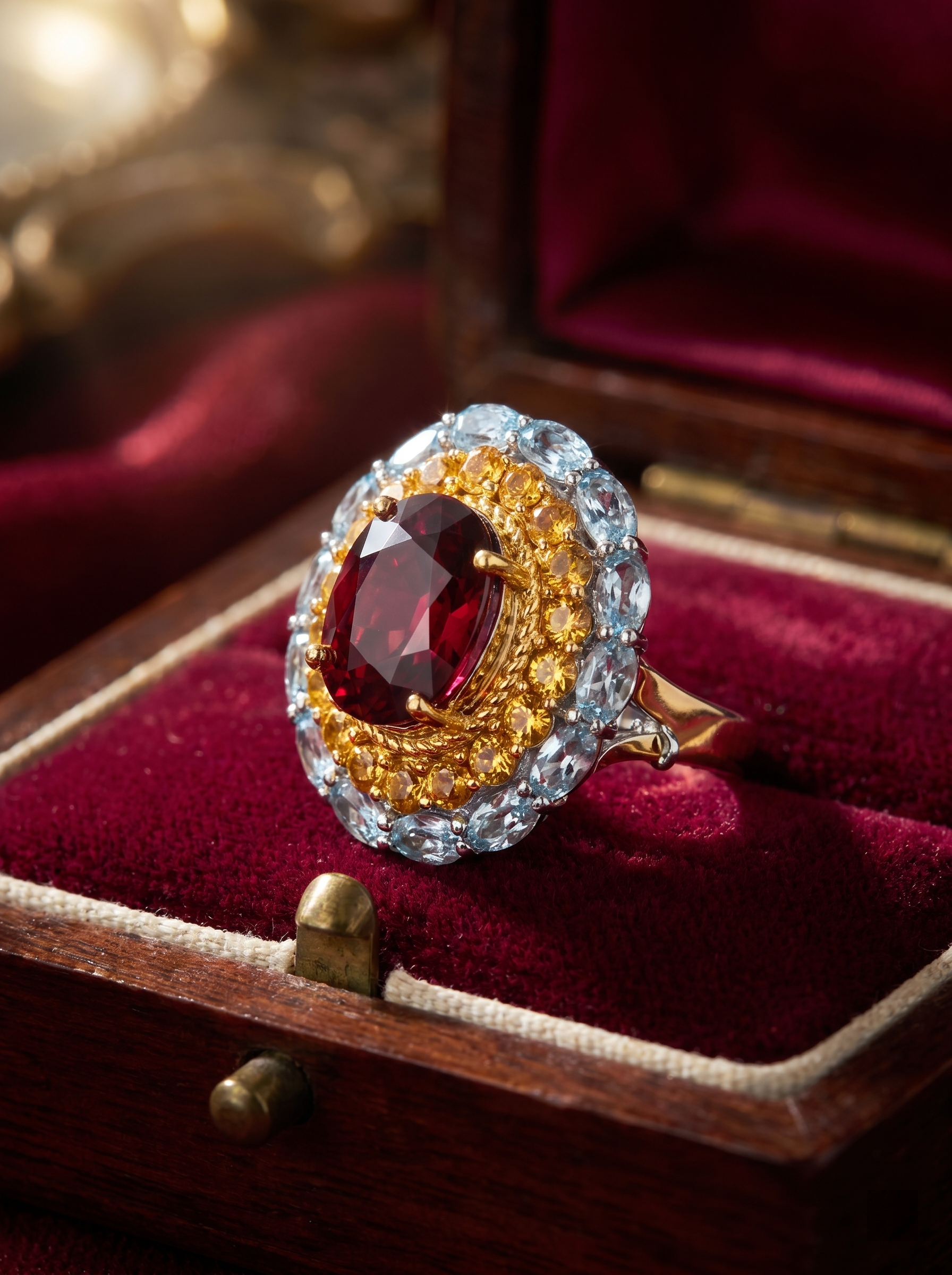 Two-Tone Gold Garnet Citrine & Aquamarine Ring 925 Silver K-Gold