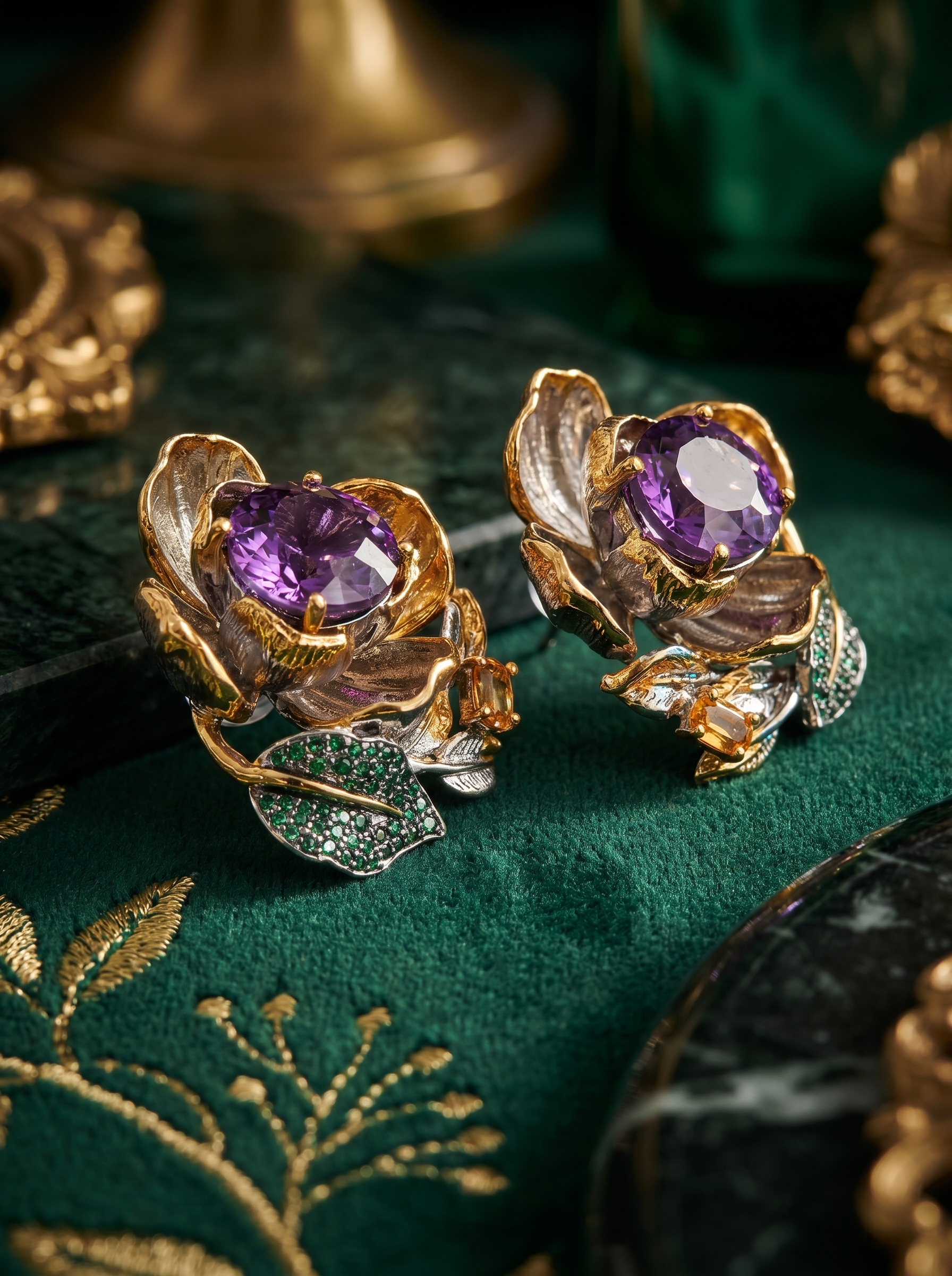Floral Amethyst & Emerald Accent Two-Tone Earrings  925 Silver K-Gold