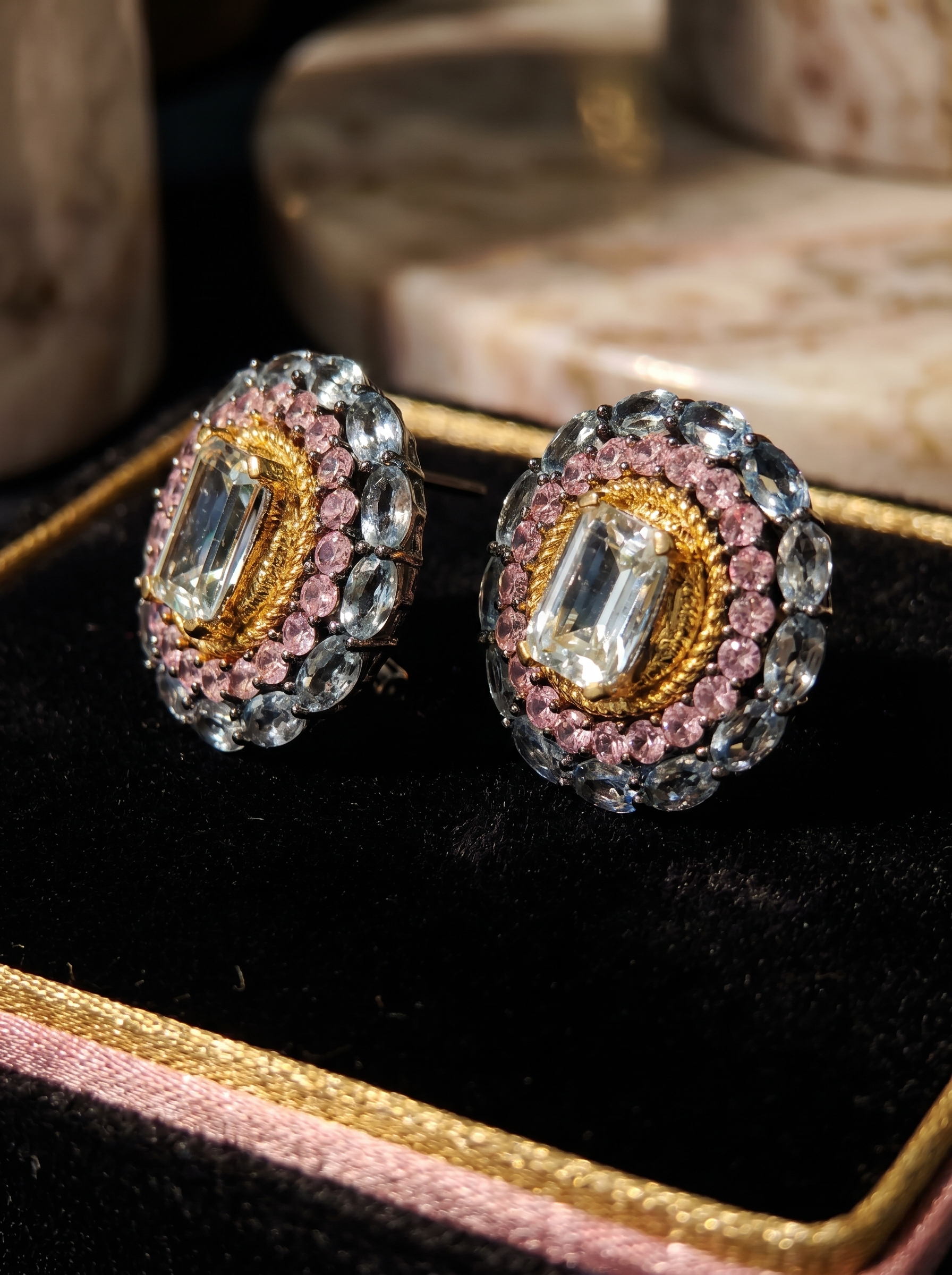 Gilded Triple Halo Aquamarine Multi-Gem Stud Earrings 25 Silver K-Gold