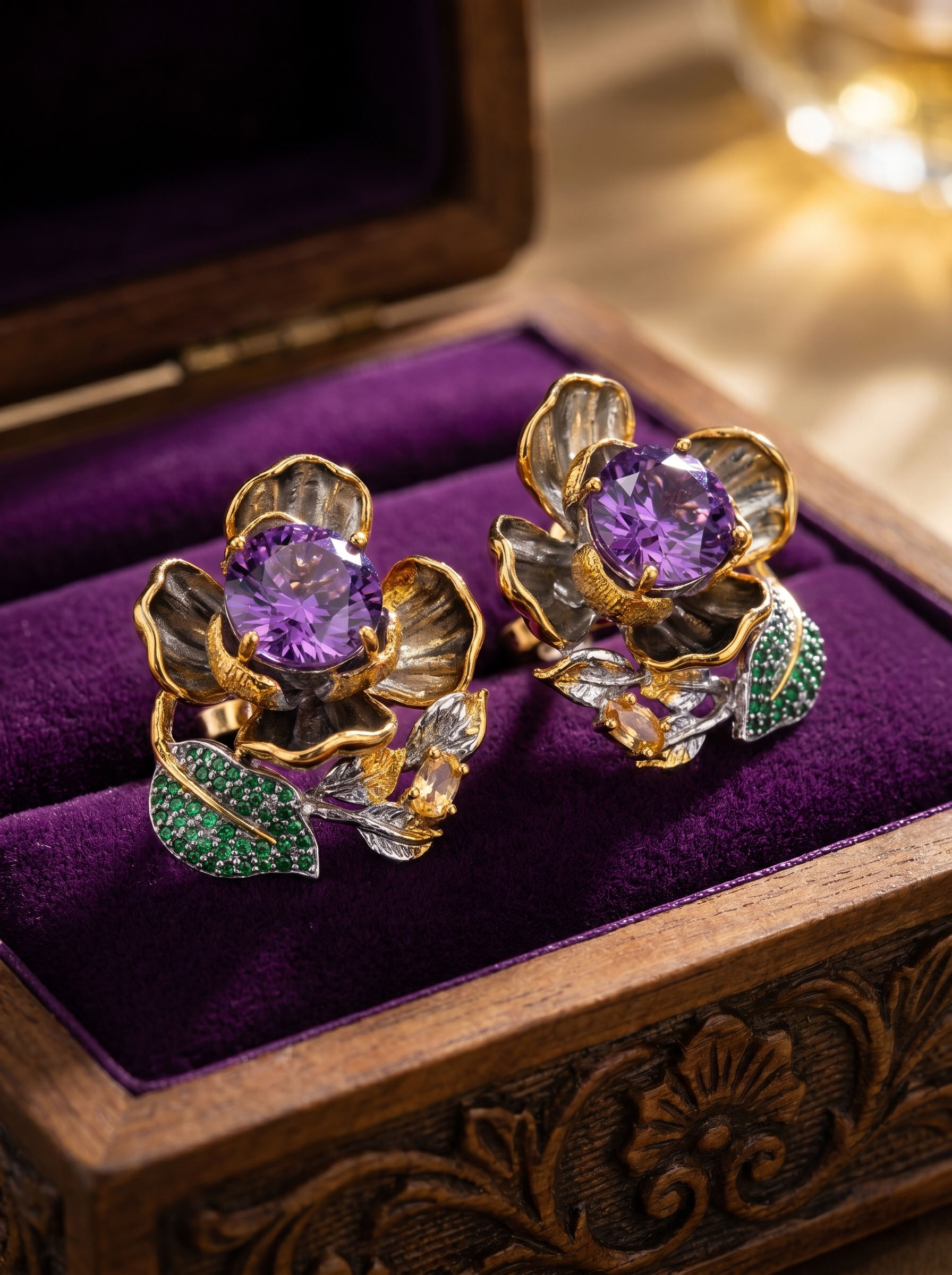 Floral Amethyst & Emerald Accent Two-Tone Earrings  925 Silver K-Gold