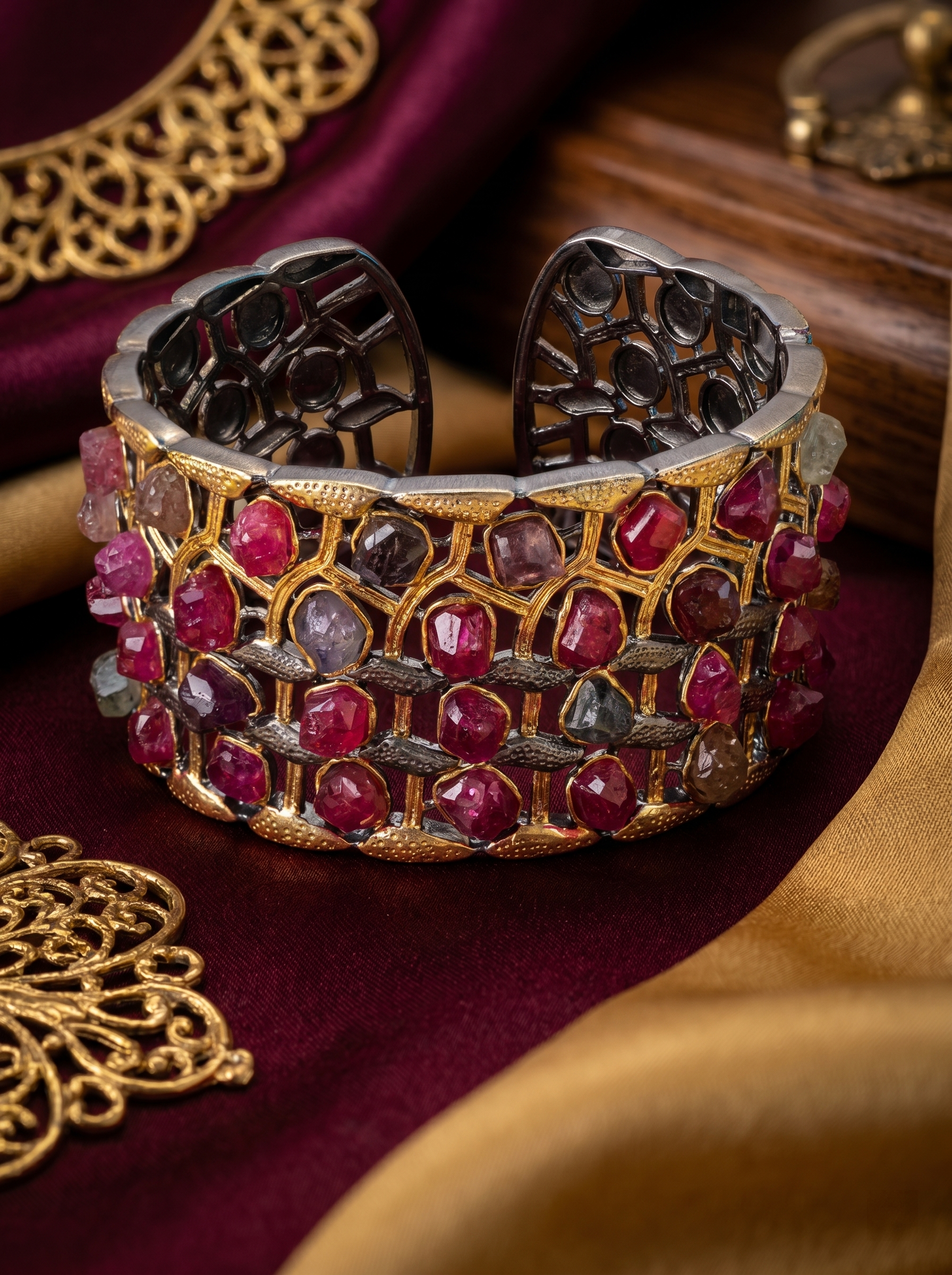 Gilded Honeycomb Natural Spinel Two-Tone Gold Cuff Bracelet 925 Silver K-Gold