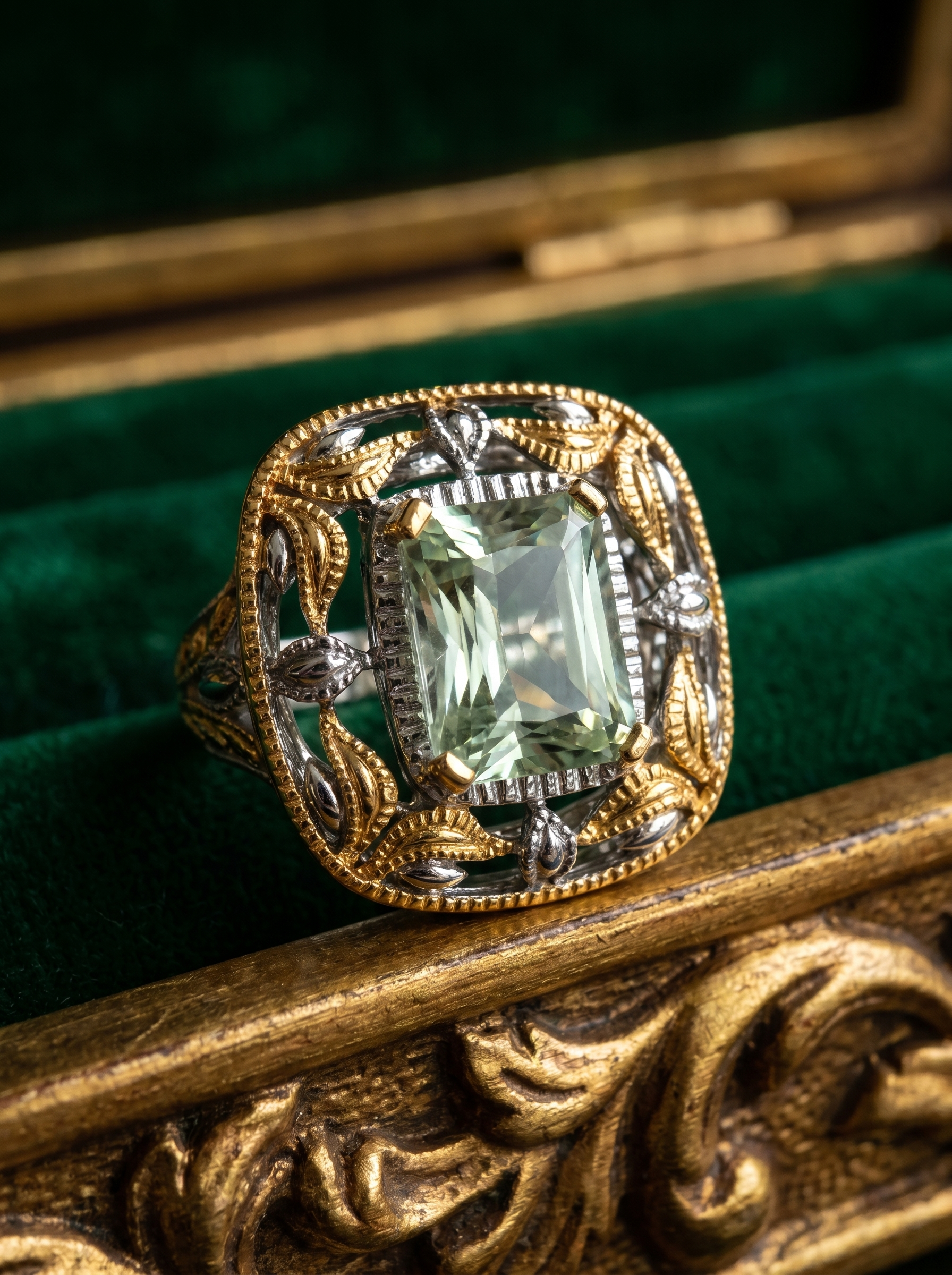 Two-Tone Gold Cushion-Cut Aquamarine Open Ring 925 Silver K-Gold