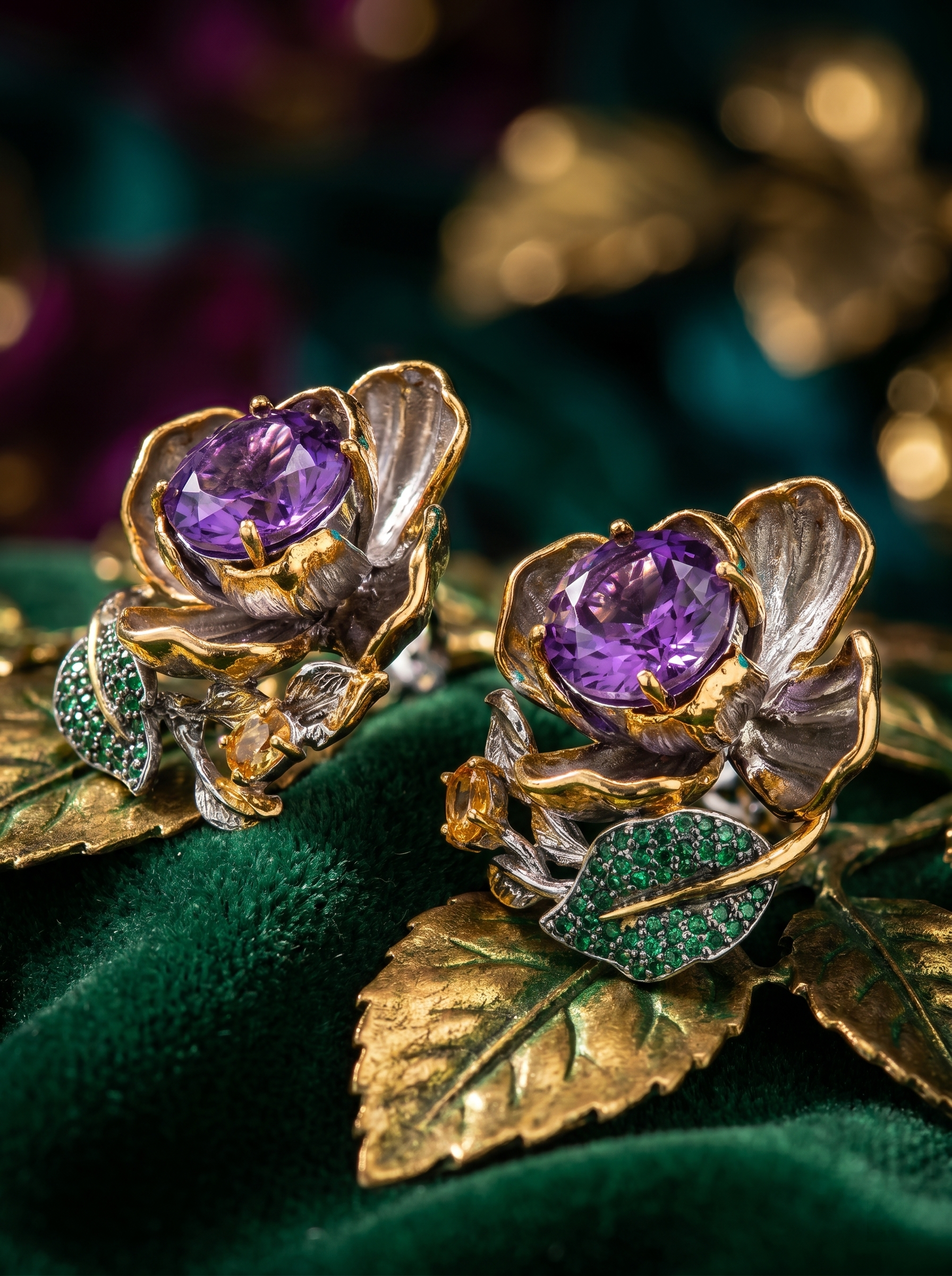 Floral Amethyst & Emerald Accent Two-Tone Earrings  925 Silver K-Gold