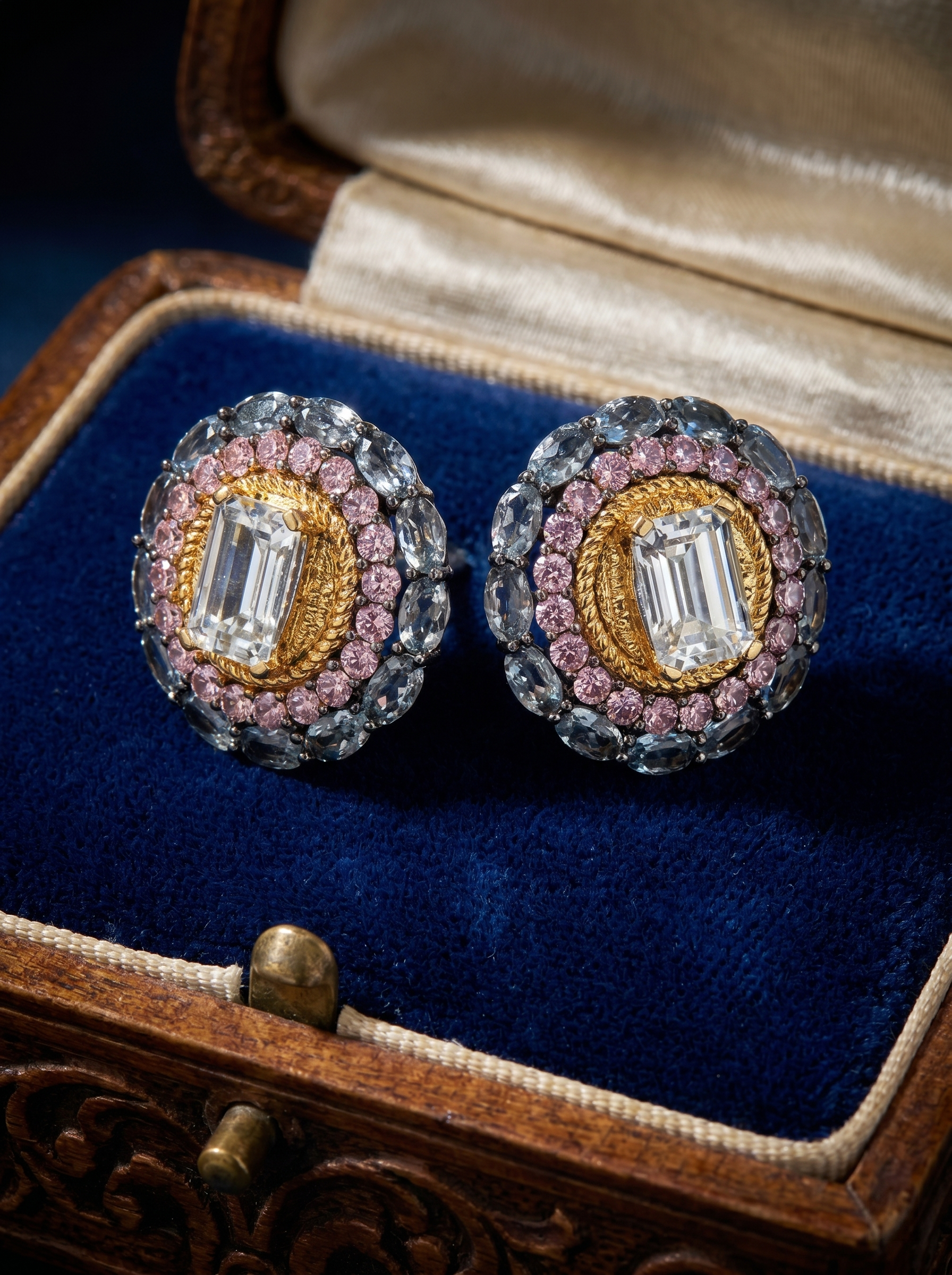 Gilded Triple Halo Aquamarine Multi-Gem Stud Earrings 25 Silver K-Gold