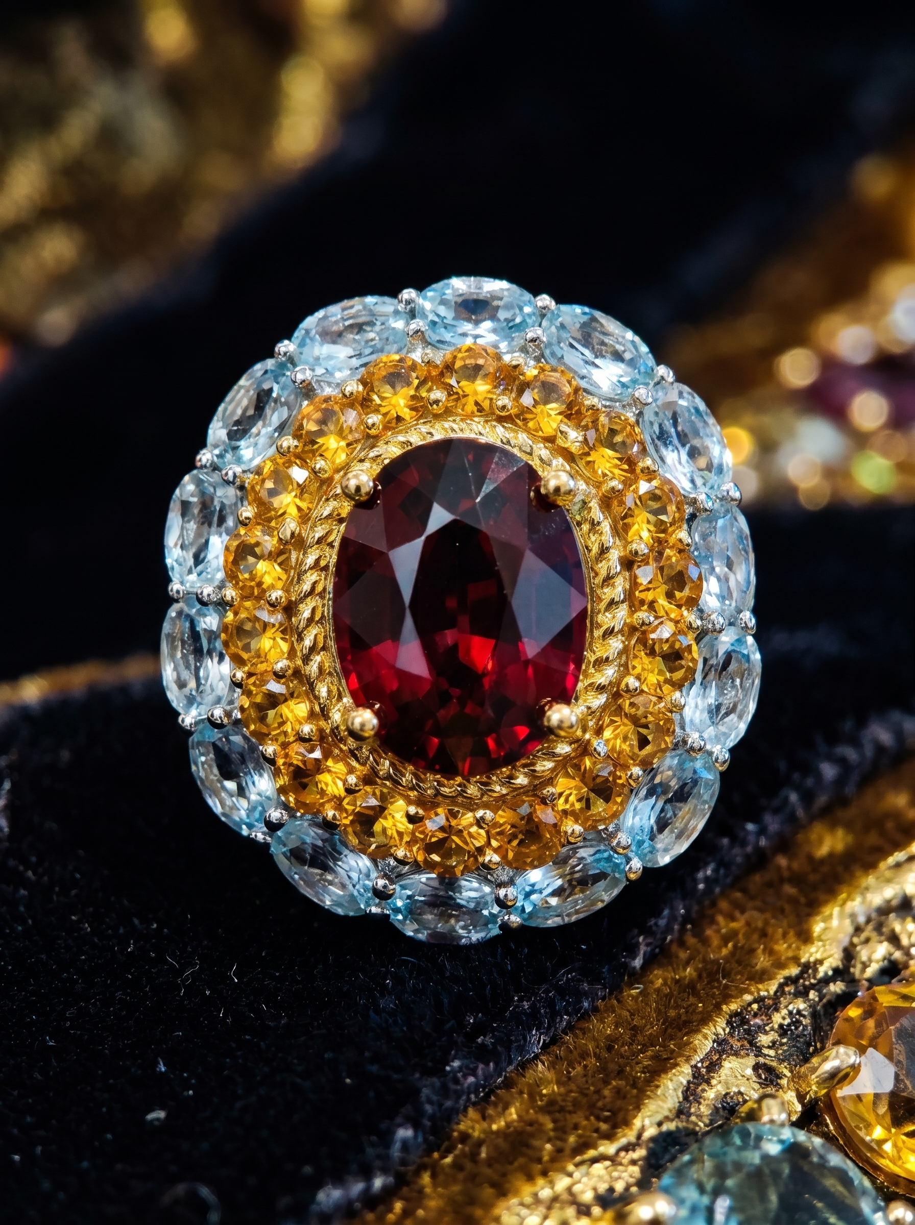 Two-Tone Gold Garnet Citrine & Aquamarine Ring 925 Silver K-Gold