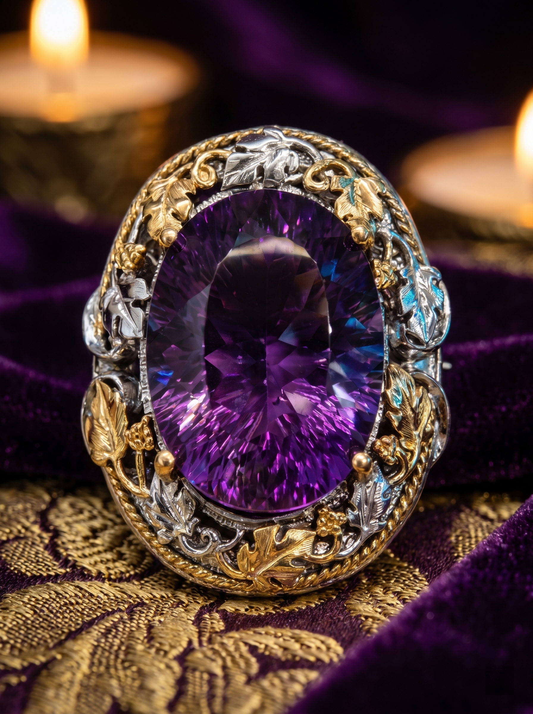 Vintage Palace Style Natural Amethyst Pendant & Brooch 2-in-1, Hand-Set in 925 Sterling Silver with K-Gold Plating