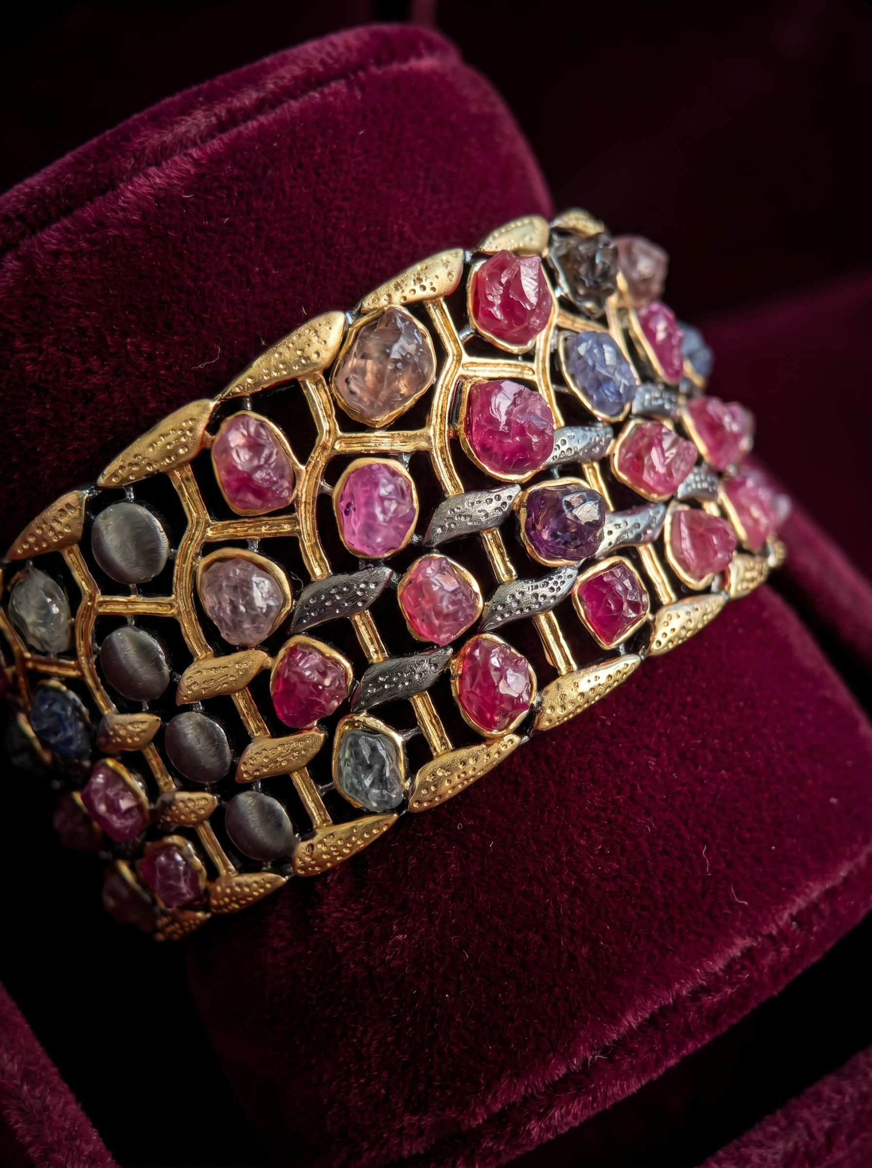 Gilded Honeycomb Natural Spinel Two-Tone Gold Cuff Bracelet 925 Silver K-Gold