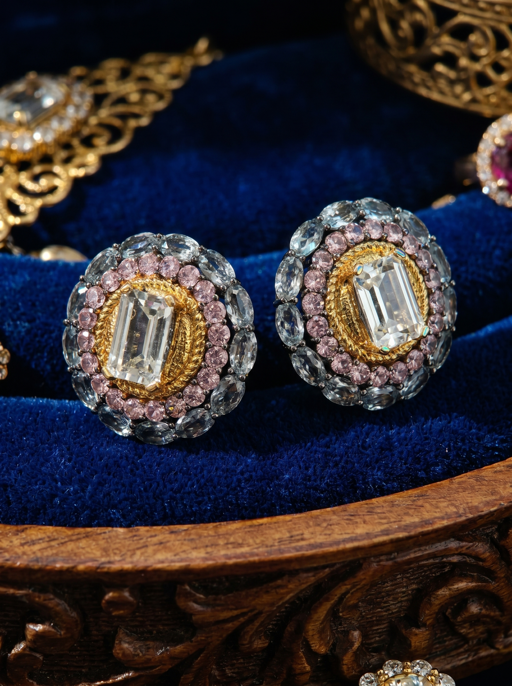 Gilded Triple Halo Aquamarine Multi-Gem Stud Earrings 25 Silver K-Gold