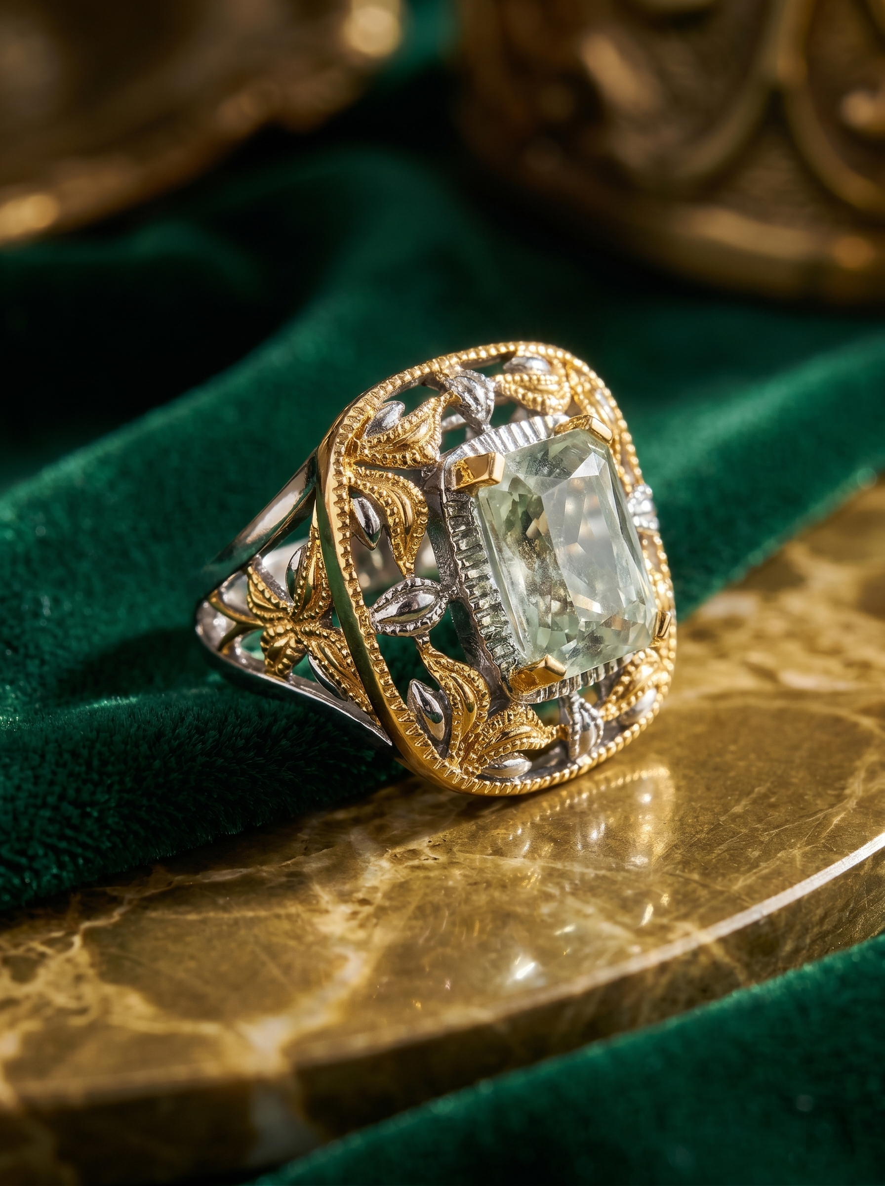 Two-Tone Gold Cushion-Cut Aquamarine Open Ring 925 Silver K-Gold