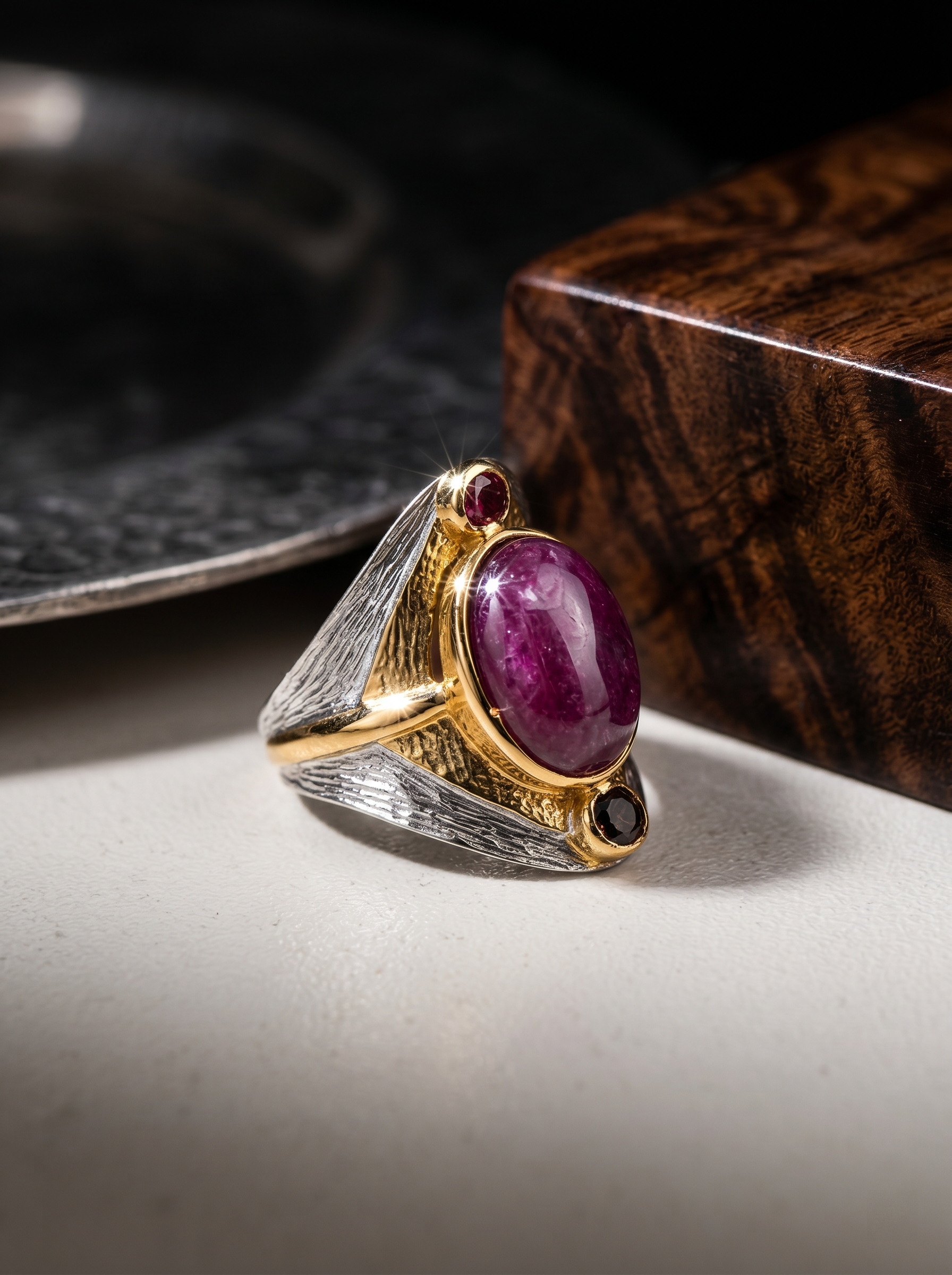 925 Silver K-Gold Plated Ruby Open Ring