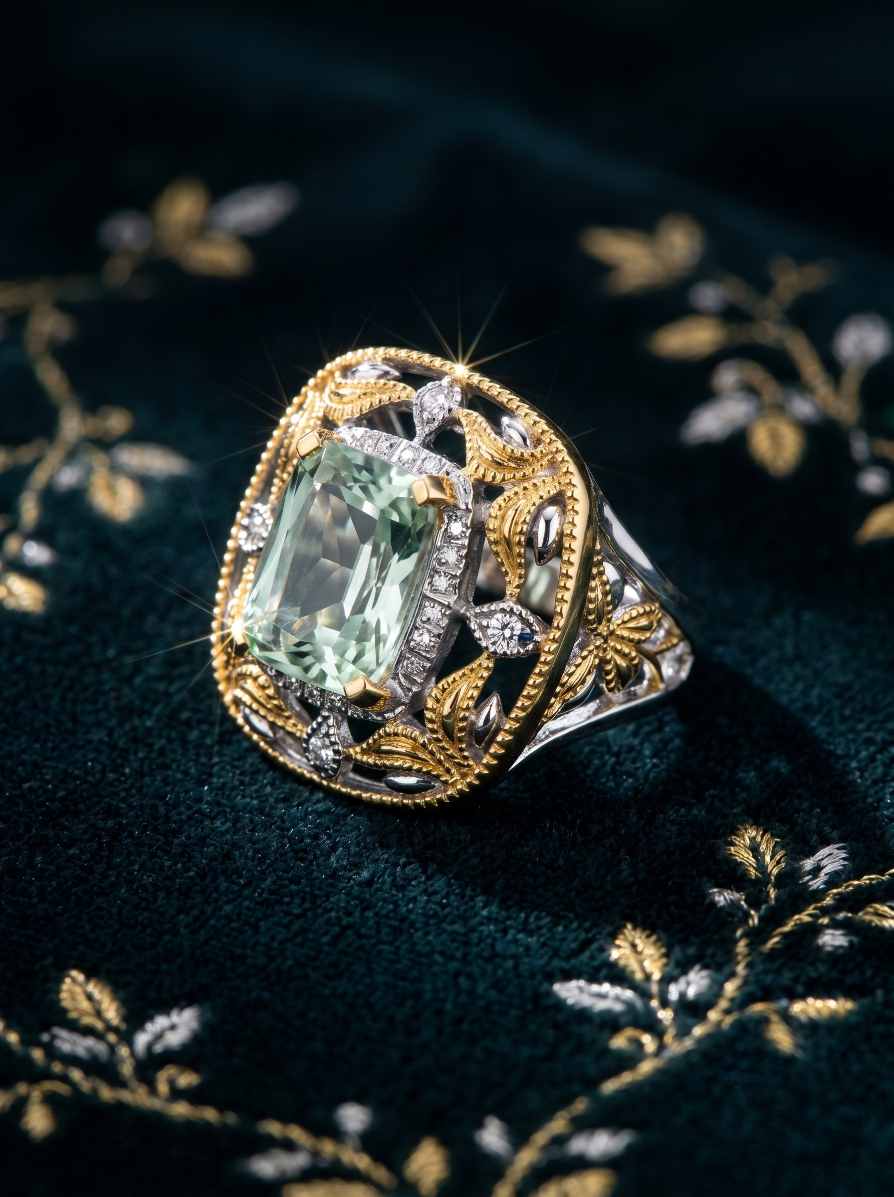 Two-Tone Gold Cushion-Cut Aquamarine Open Ring 925 Silver K-Gold