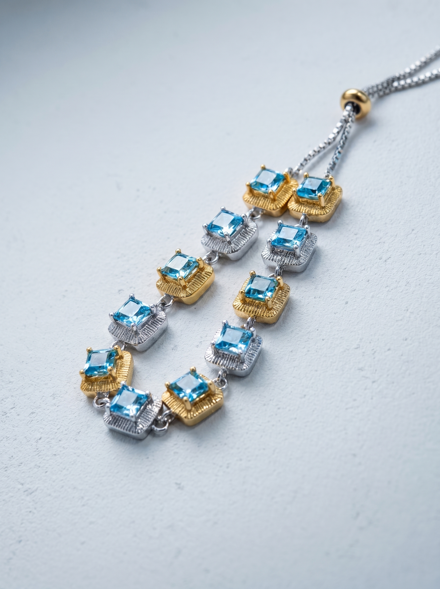 "Ice Sea Sugar Cube" Natural Topaz Two-Tone Adjustable Bracelet, 925 Silver