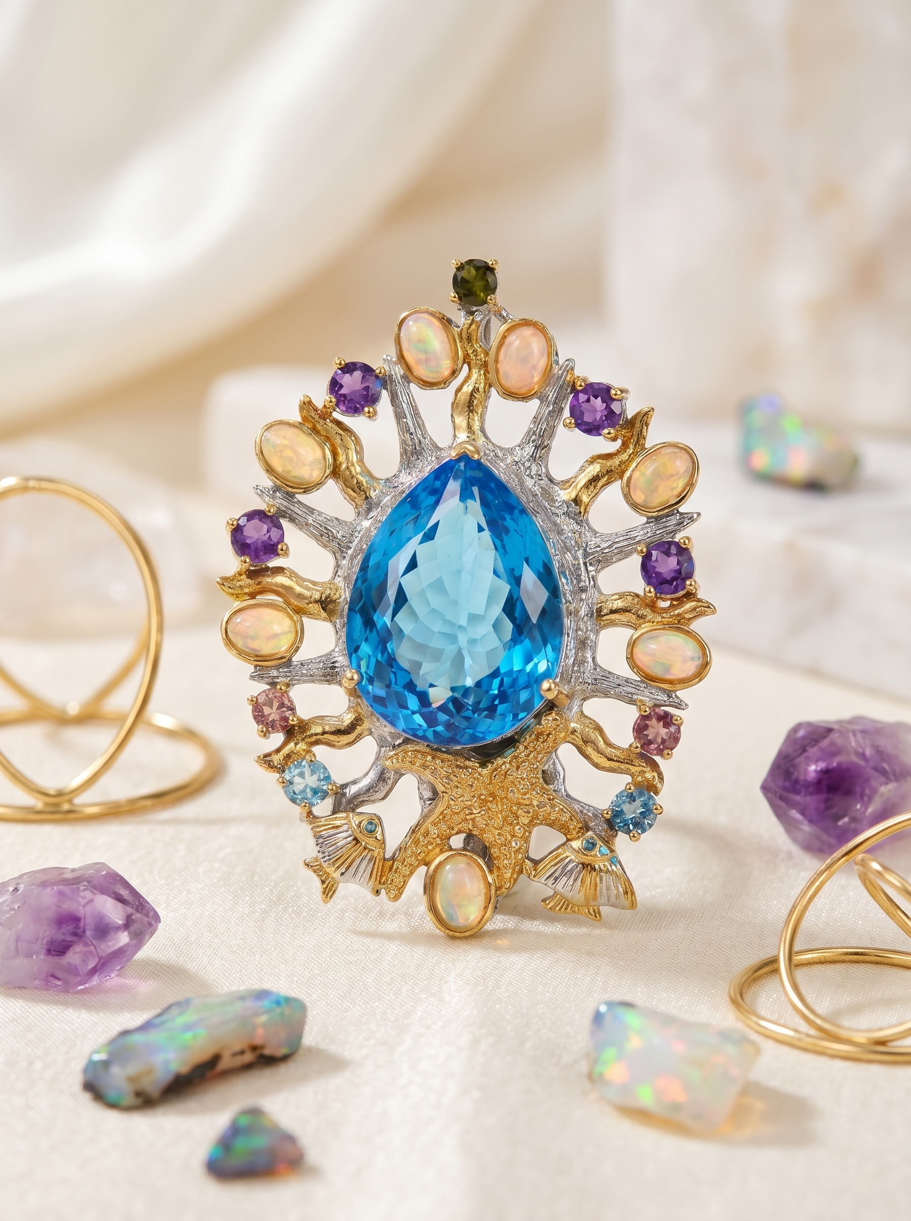 "Deep Sea Fantasy" Natural Blue Topaz Ocean Theme Pendant & Brooch, Dual-Use 925 Silver Statement Piece