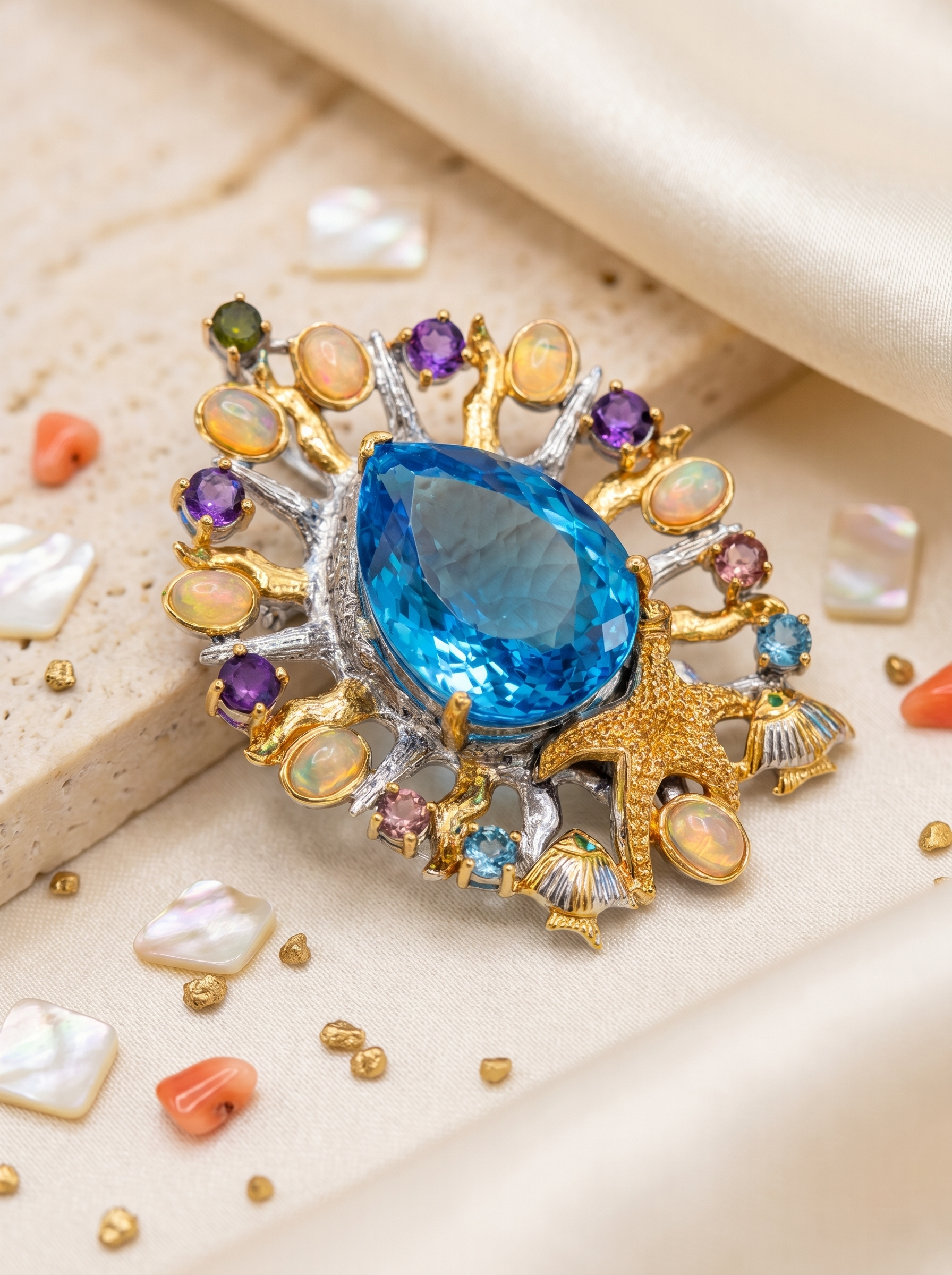 "Deep Sea Fantasy" Natural Blue Topaz Ocean Theme Pendant & Brooch, Dual-Use 925 Silver Statement Piece