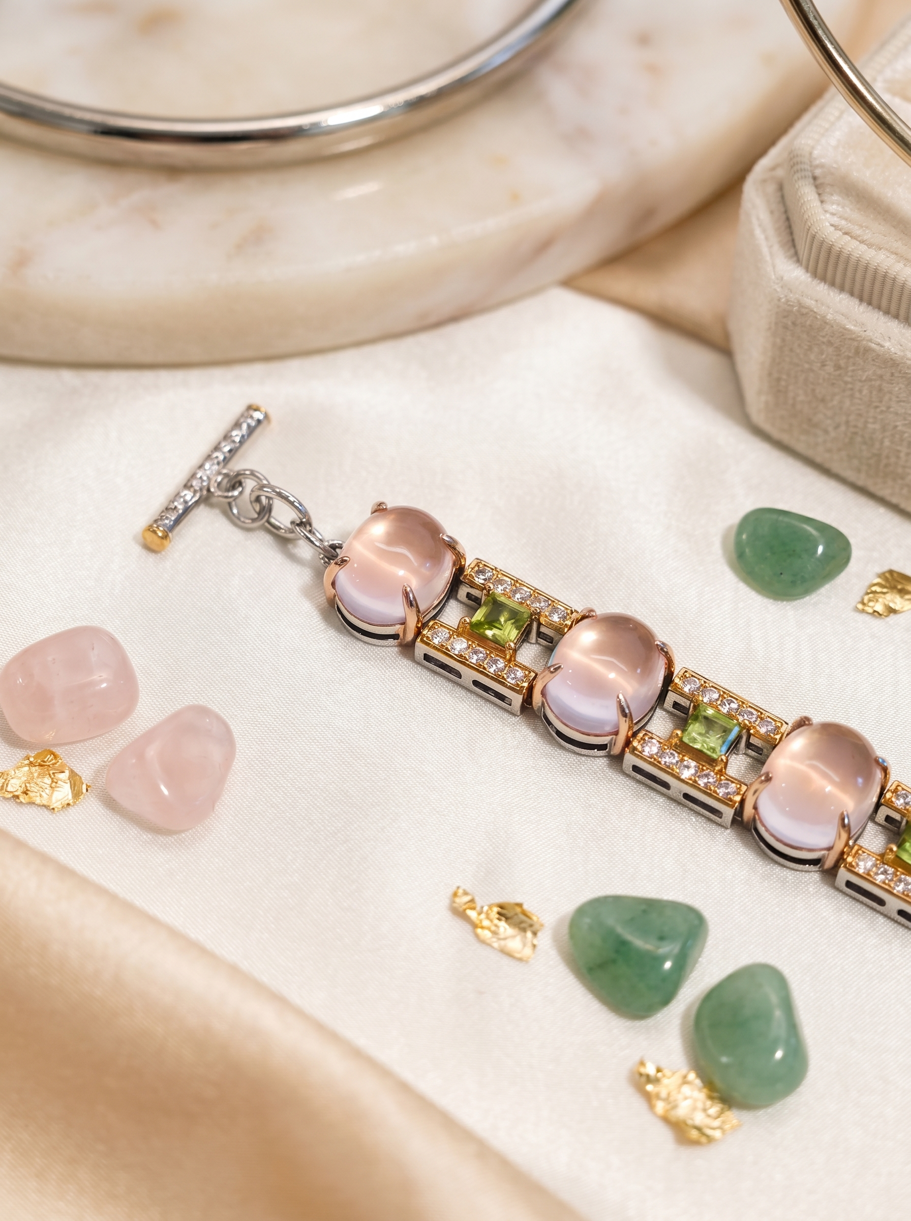 Spring Letter 925 Silver Rose Quartz & Peridot Statement Bracelet