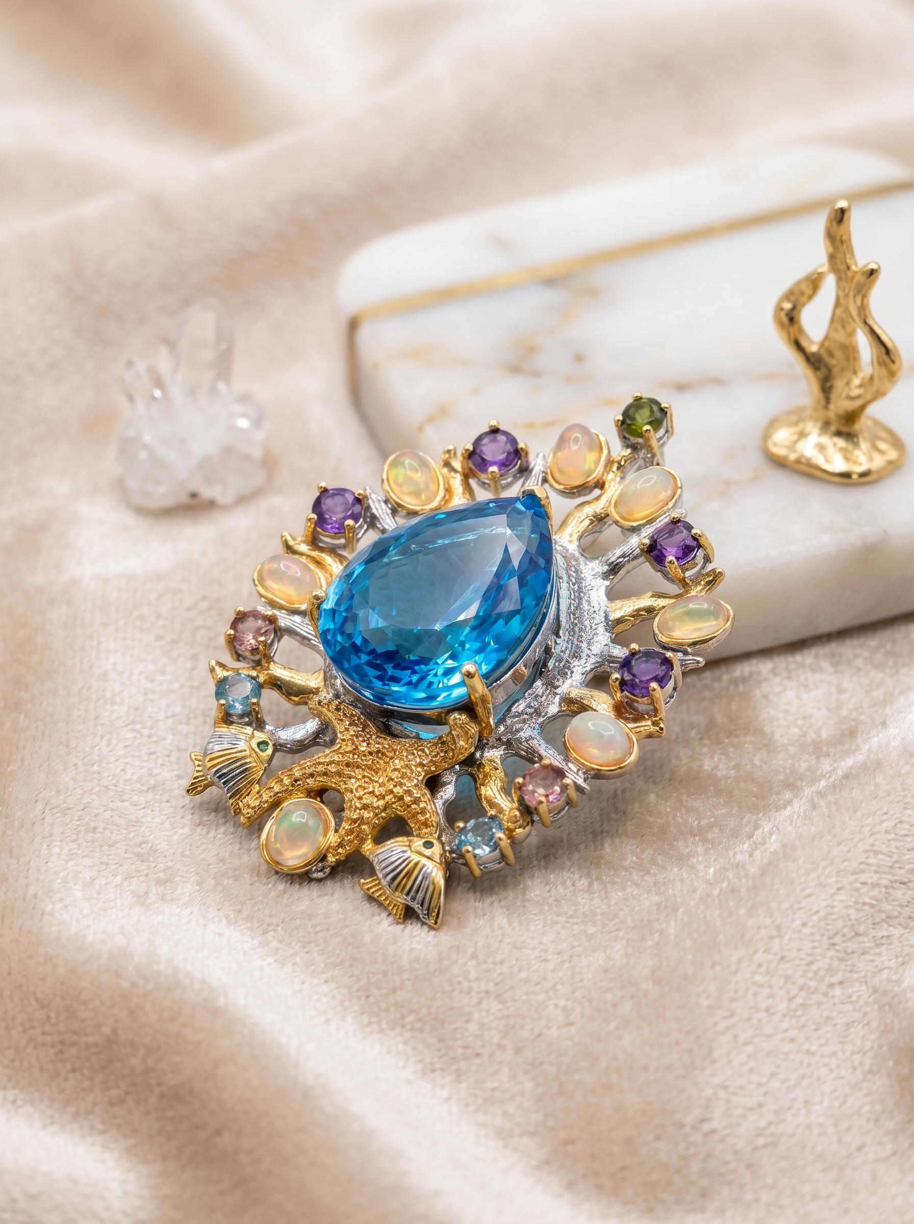 "Deep Sea Fantasy" Natural Blue Topaz Ocean Theme Pendant & Brooch, Dual-Use 925 Silver Statement Piece