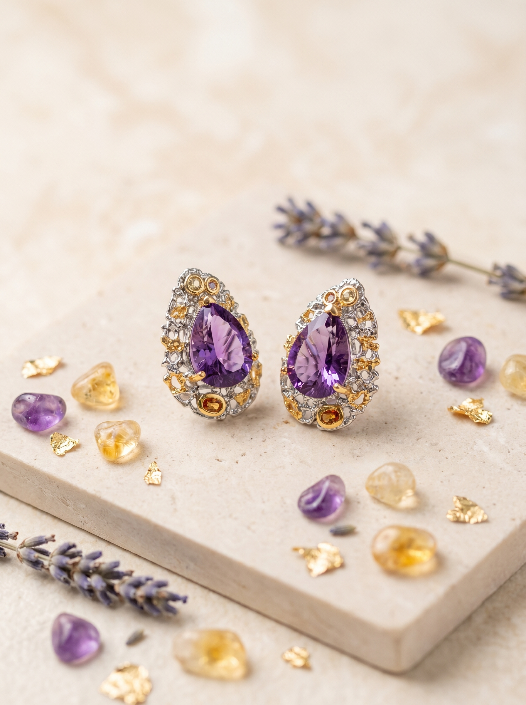 Purple Crystal Secret Realm - Natural Amethyst Statement Earrings, 925 Silver Two-Tone Gold Vintage Design, Unique & Luxurious