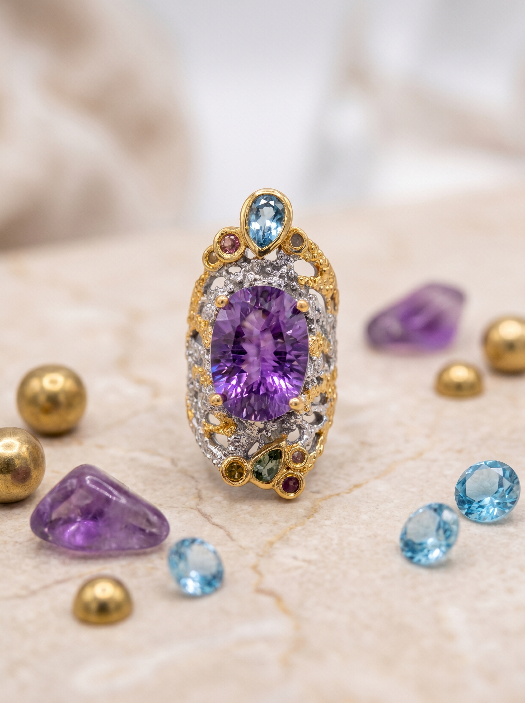 "Purple Mist Coral" Natural Amethyst Two-Tone Gold Adjustable Open Ring, 925 Silver