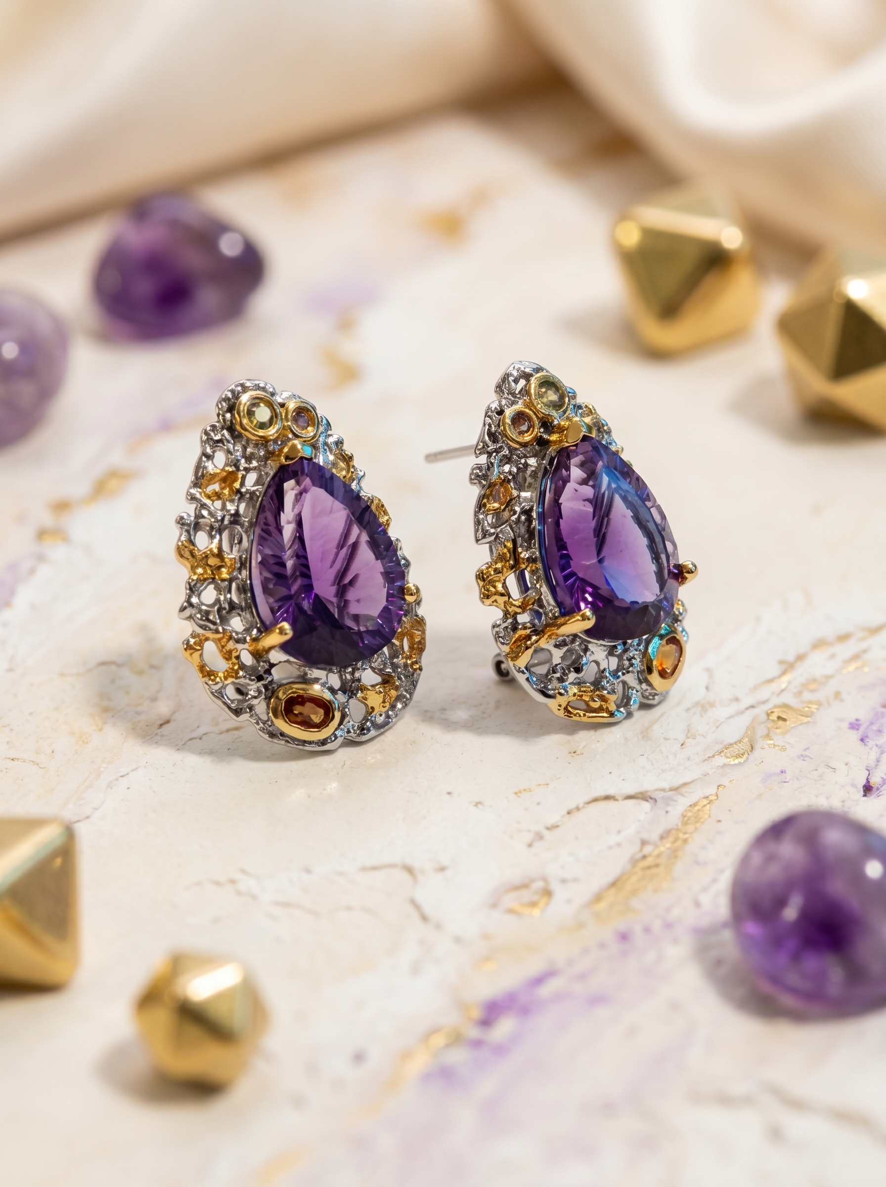 Purple Crystal Secret Realm - Natural Amethyst Statement Earrings, 925 Silver Two-Tone Gold Vintage Design, Unique & Luxurious