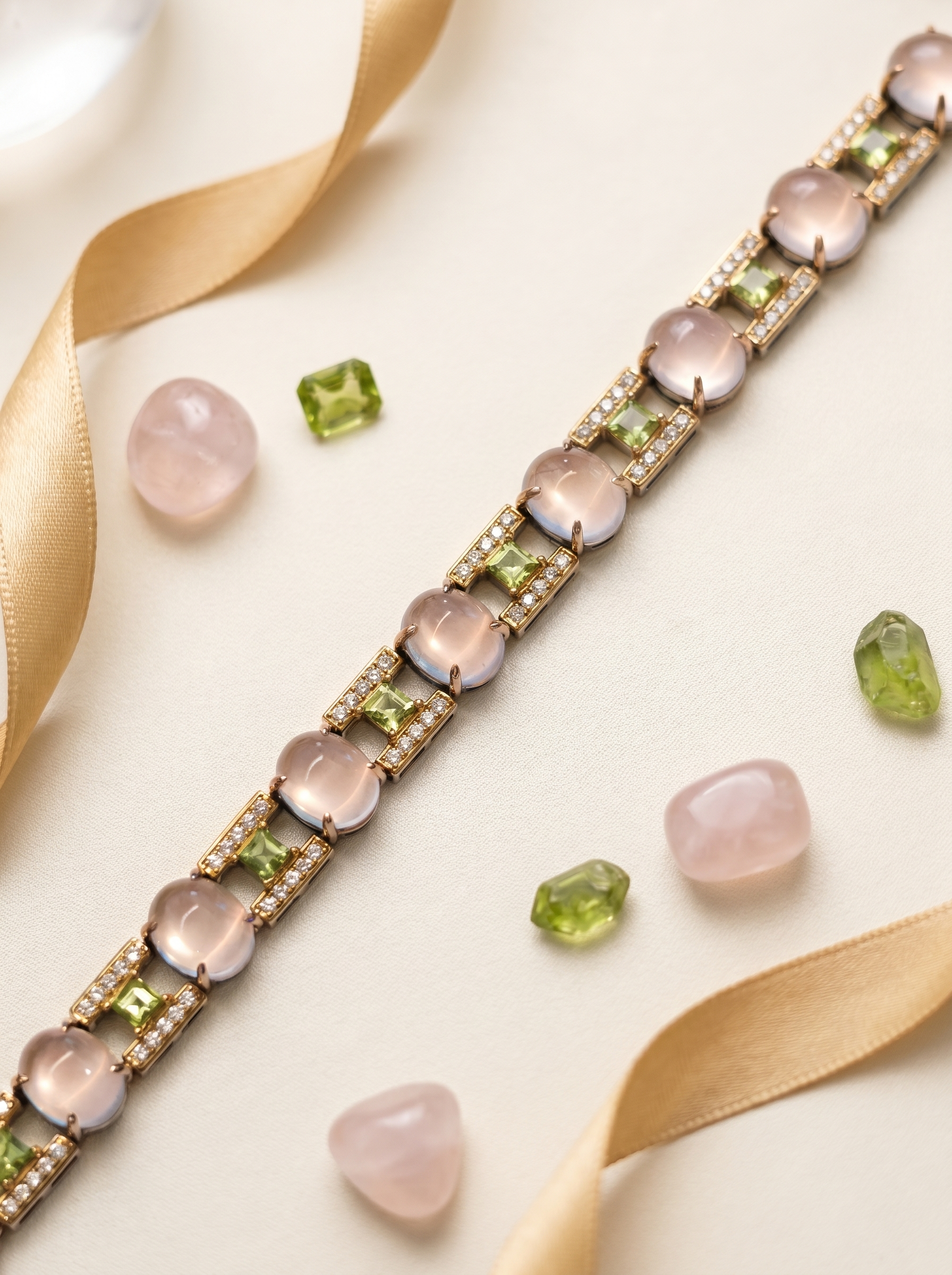 Spring Letter 925 Silver Rose Quartz & Peridot Statement Bracelet
