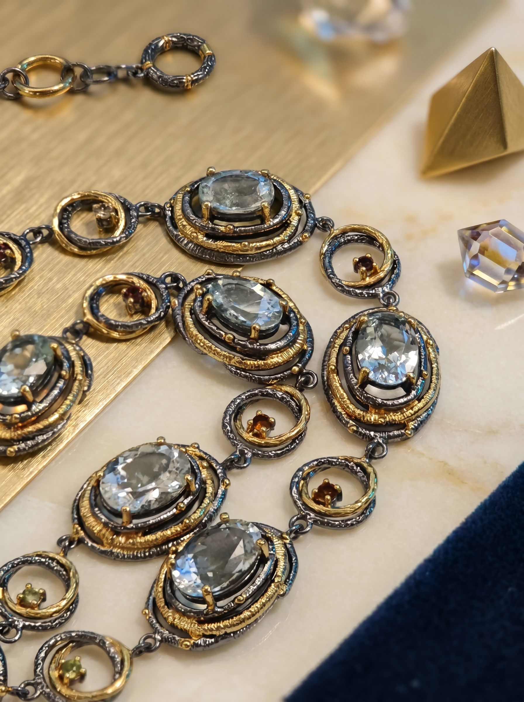 "Deep Sea Prelude" Natural Aquamarine Two-Tone Gold Heavy Statement Necklace, 925 Silver