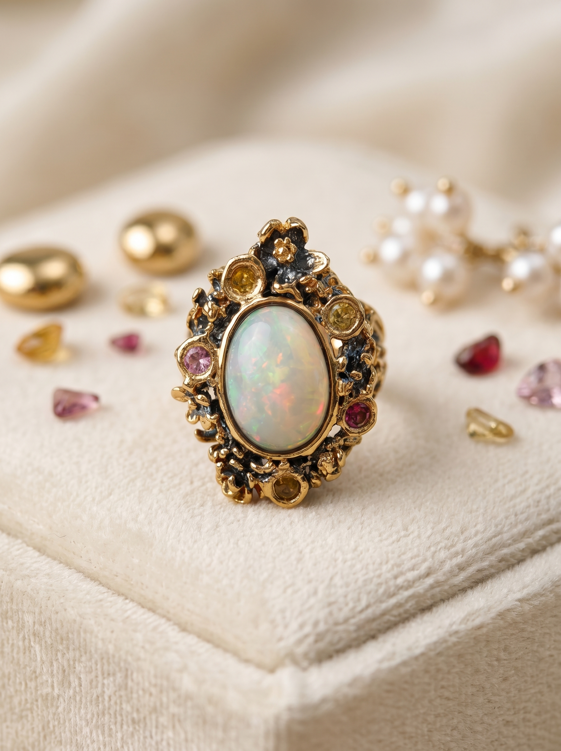 "Rainbow Bloom" Natural Opal Two-Tone Gold Adjustable Open Ring, 925 Silver