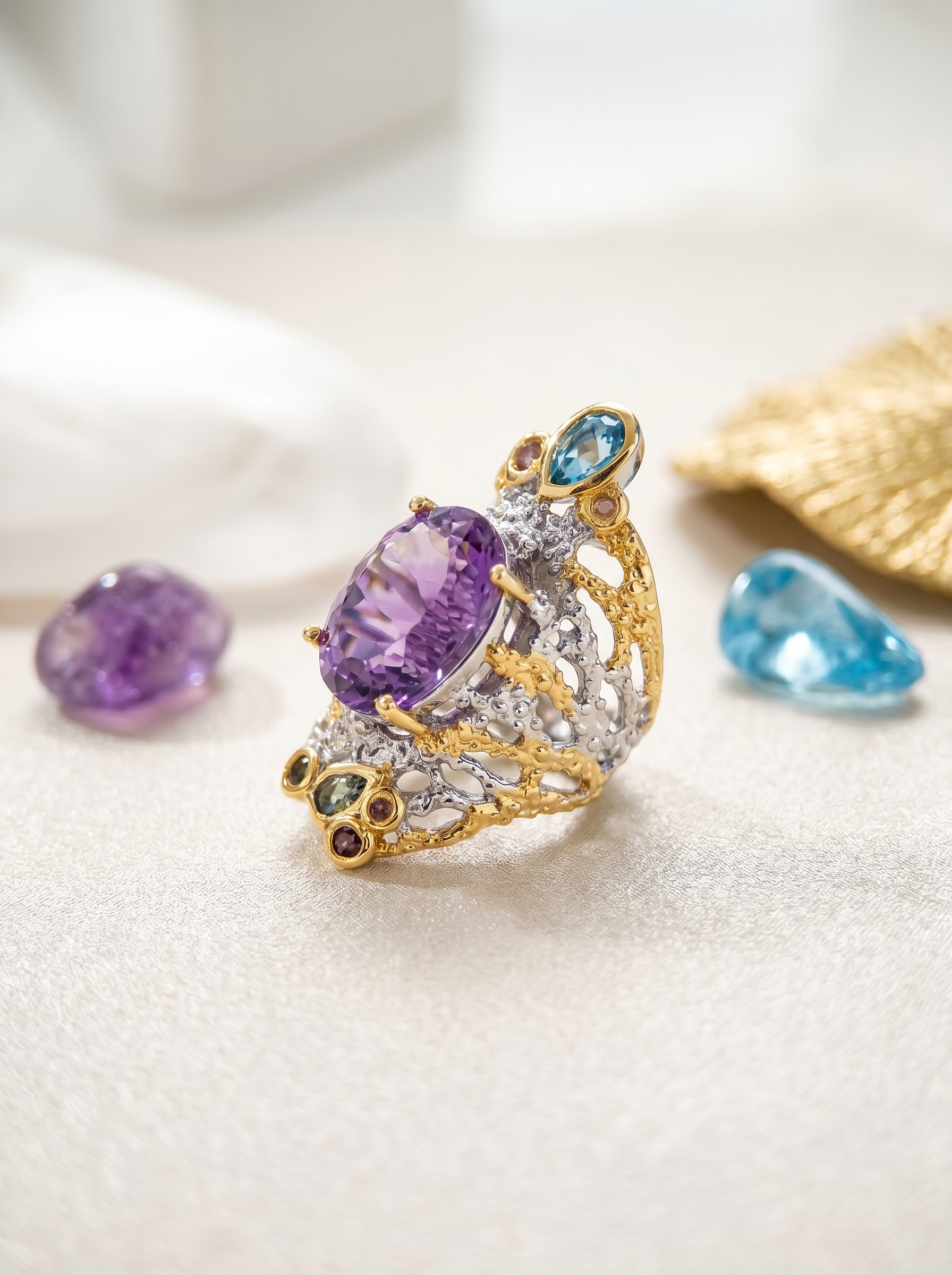 "Purple Mist Coral" Natural Amethyst Two-Tone Gold Adjustable Open Ring, 925 Silver