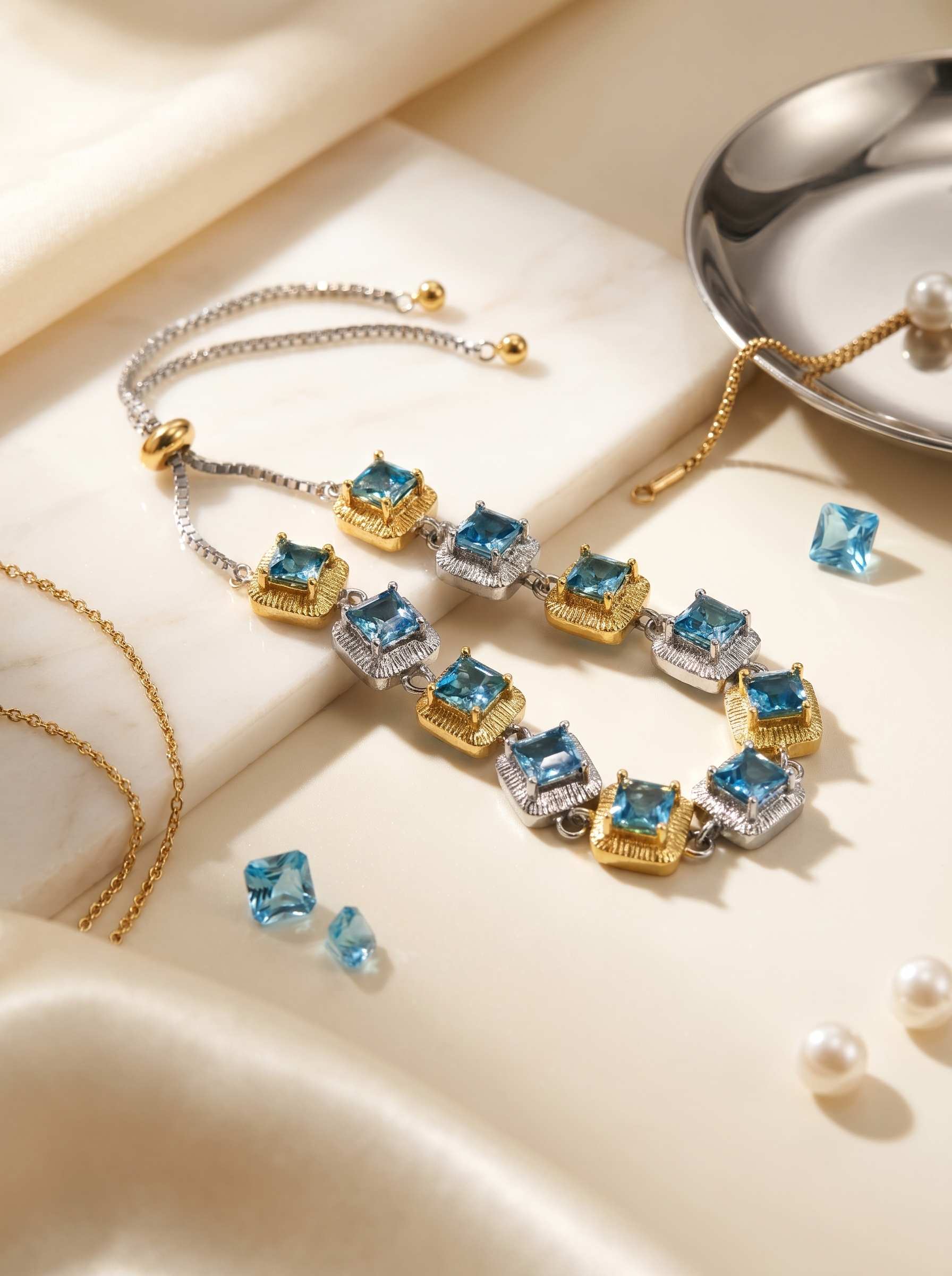 "Ice Sea Sugar Cube" Natural Topaz Two-Tone Adjustable Bracelet, 925 Silver