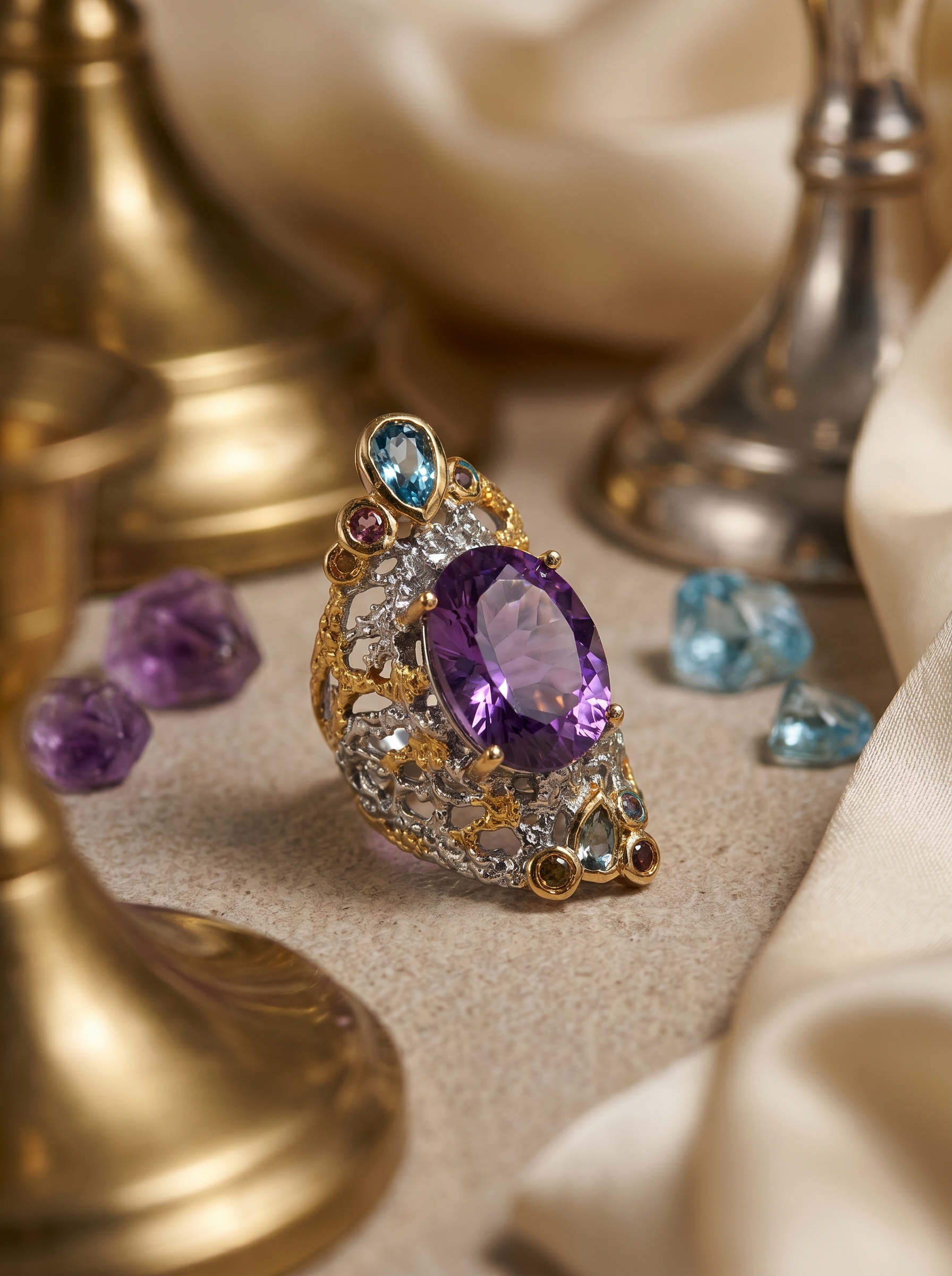 "Purple Mist Coral" Natural Amethyst Two-Tone Gold Adjustable Open Ring, 925 Silver