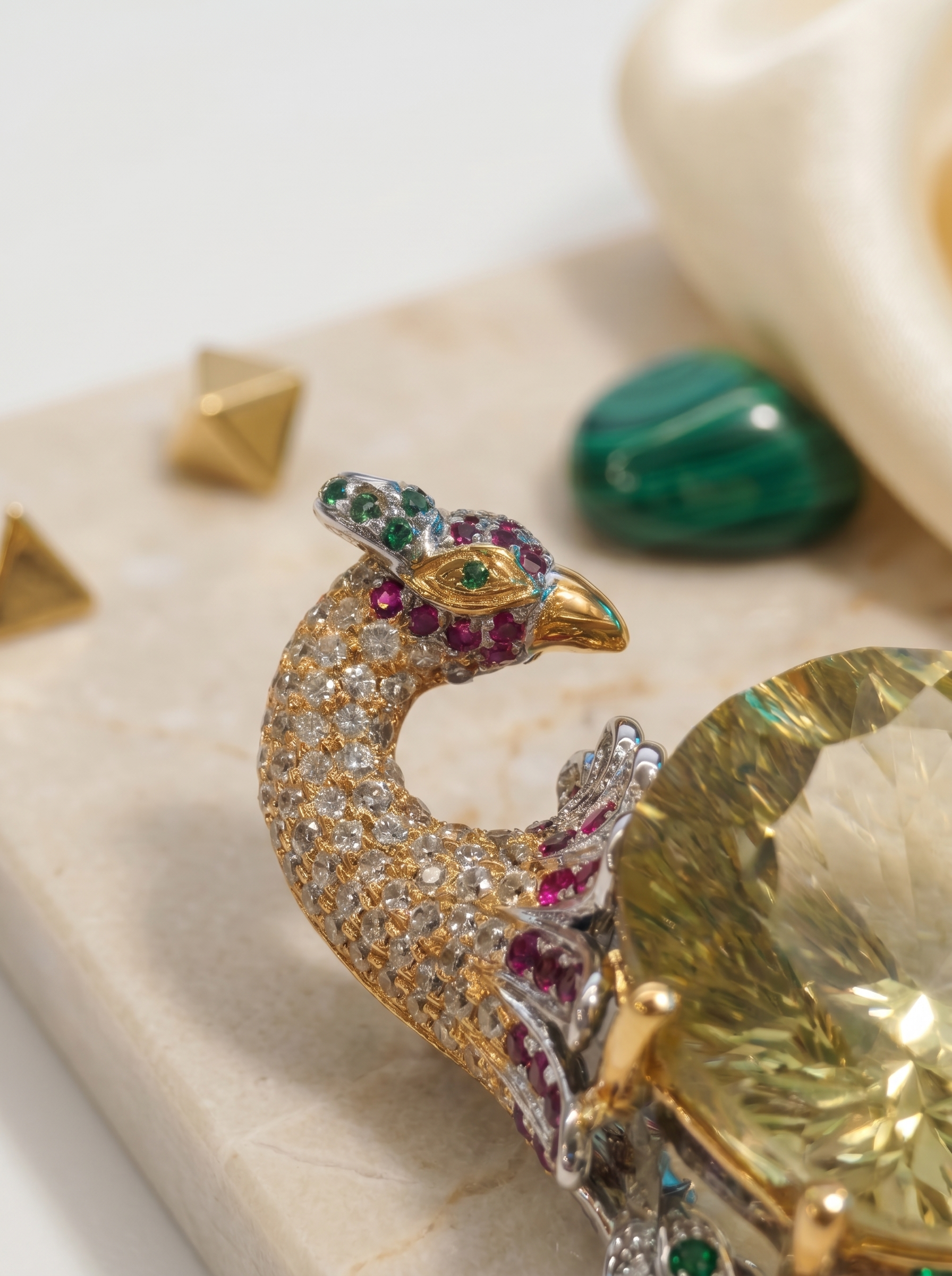 "Golden Phoenix Plume" Natural Lemon Quartz Peacock Pendant & Brooch, 925 Silver Dual-Use Statement Piece