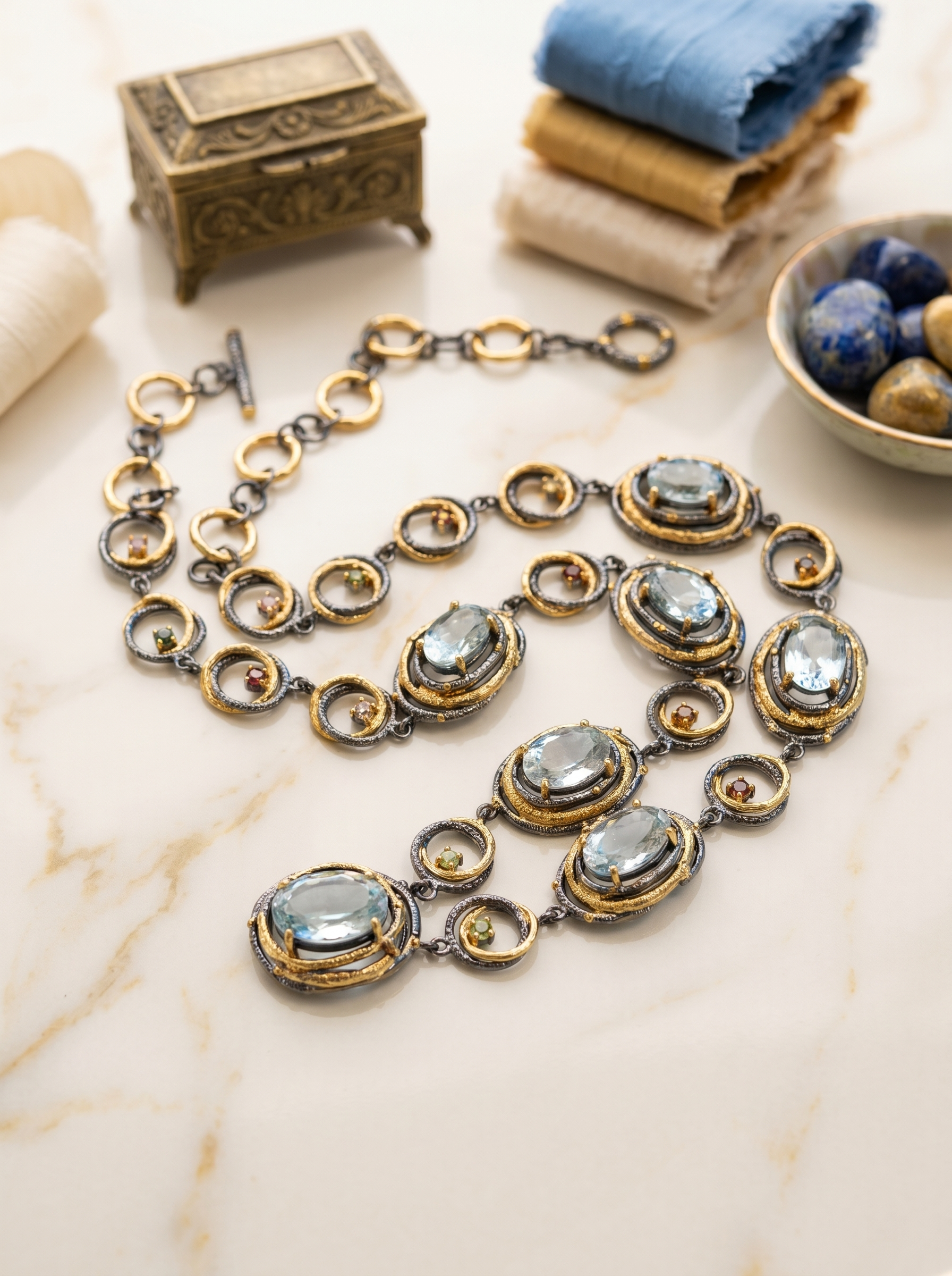 "Deep Sea Prelude" Natural Aquamarine Two-Tone Gold Heavy Statement Necklace, 925 Silver