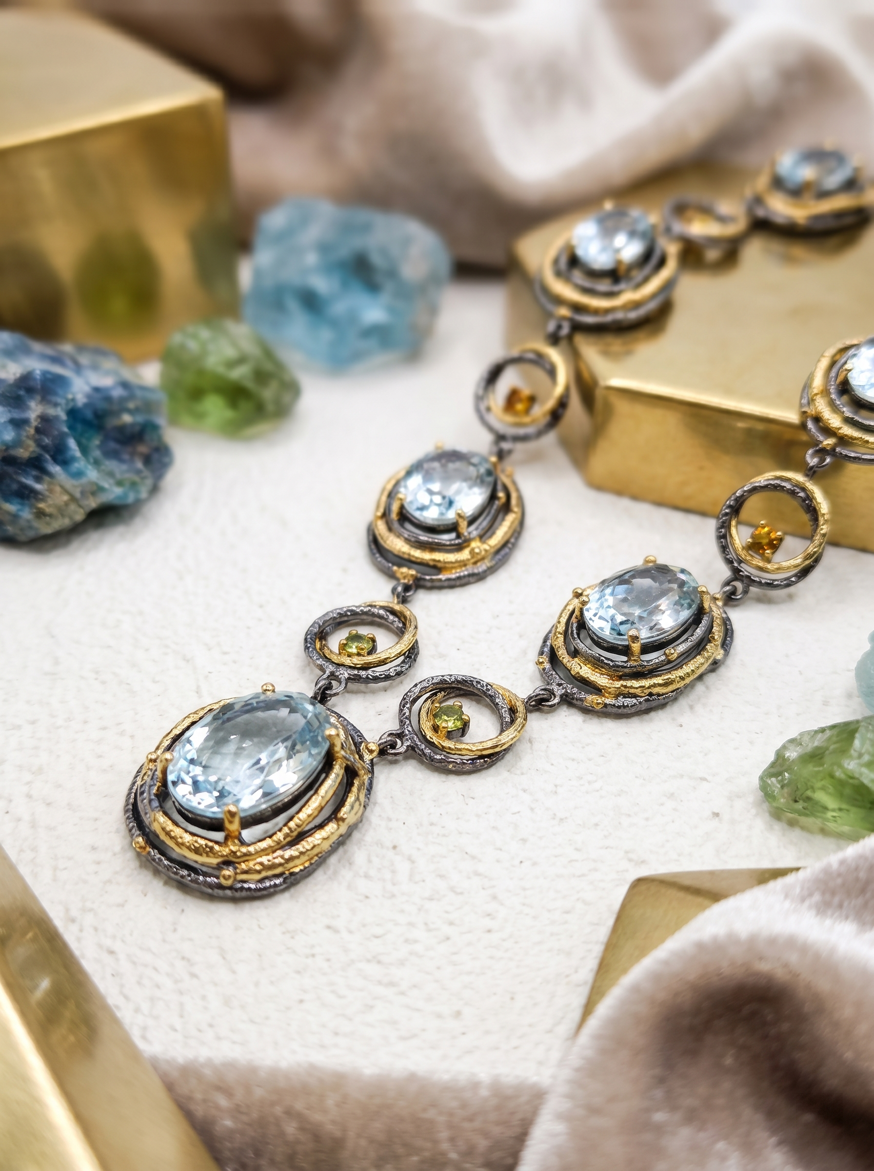 "Deep Sea Prelude" Natural Aquamarine Two-Tone Gold Heavy Statement Necklace, 925 Silver