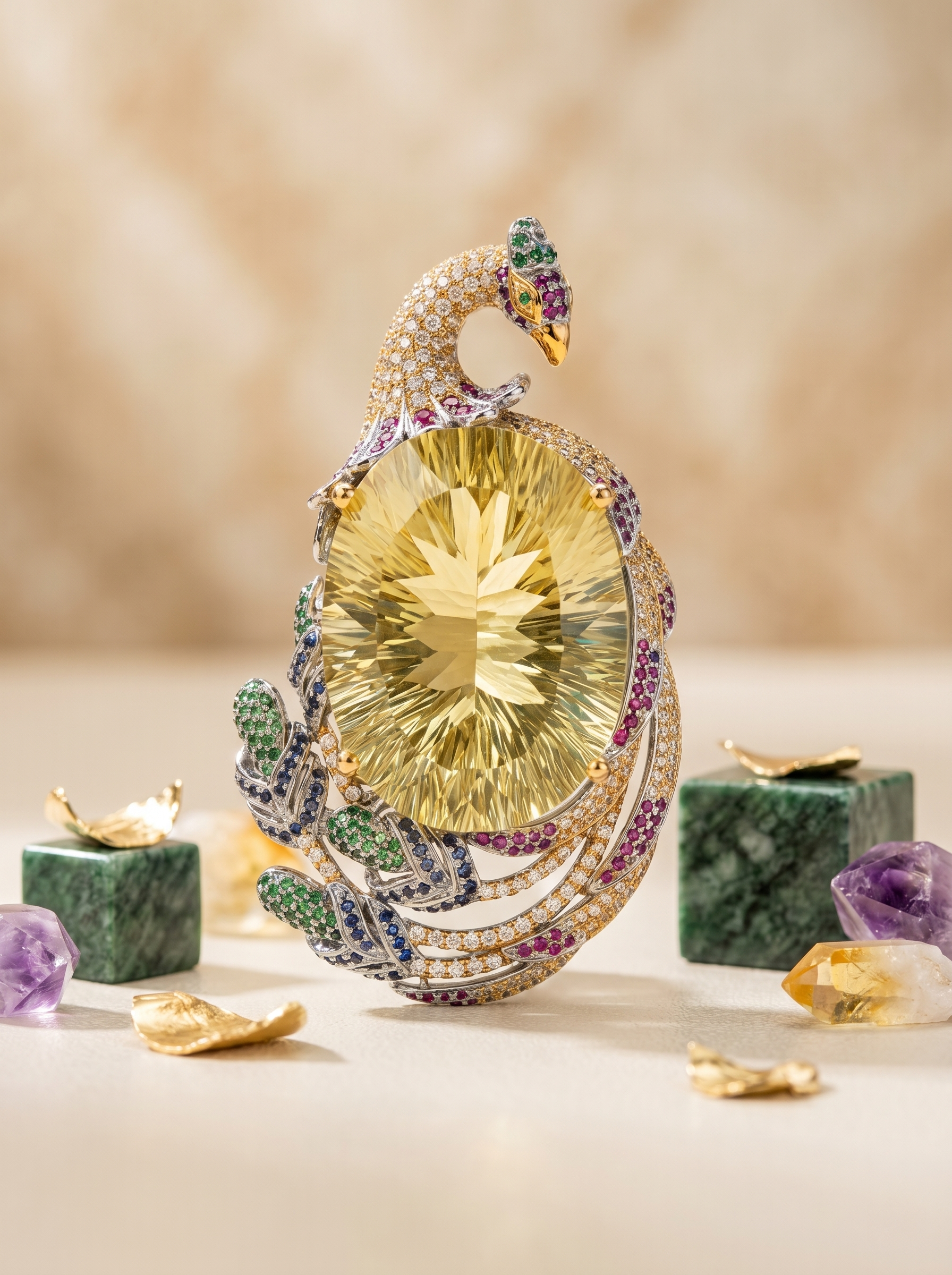 "Golden Phoenix Plume" Natural Lemon Quartz Peacock Pendant & Brooch, 925 Silver Dual-Use Statement Piece