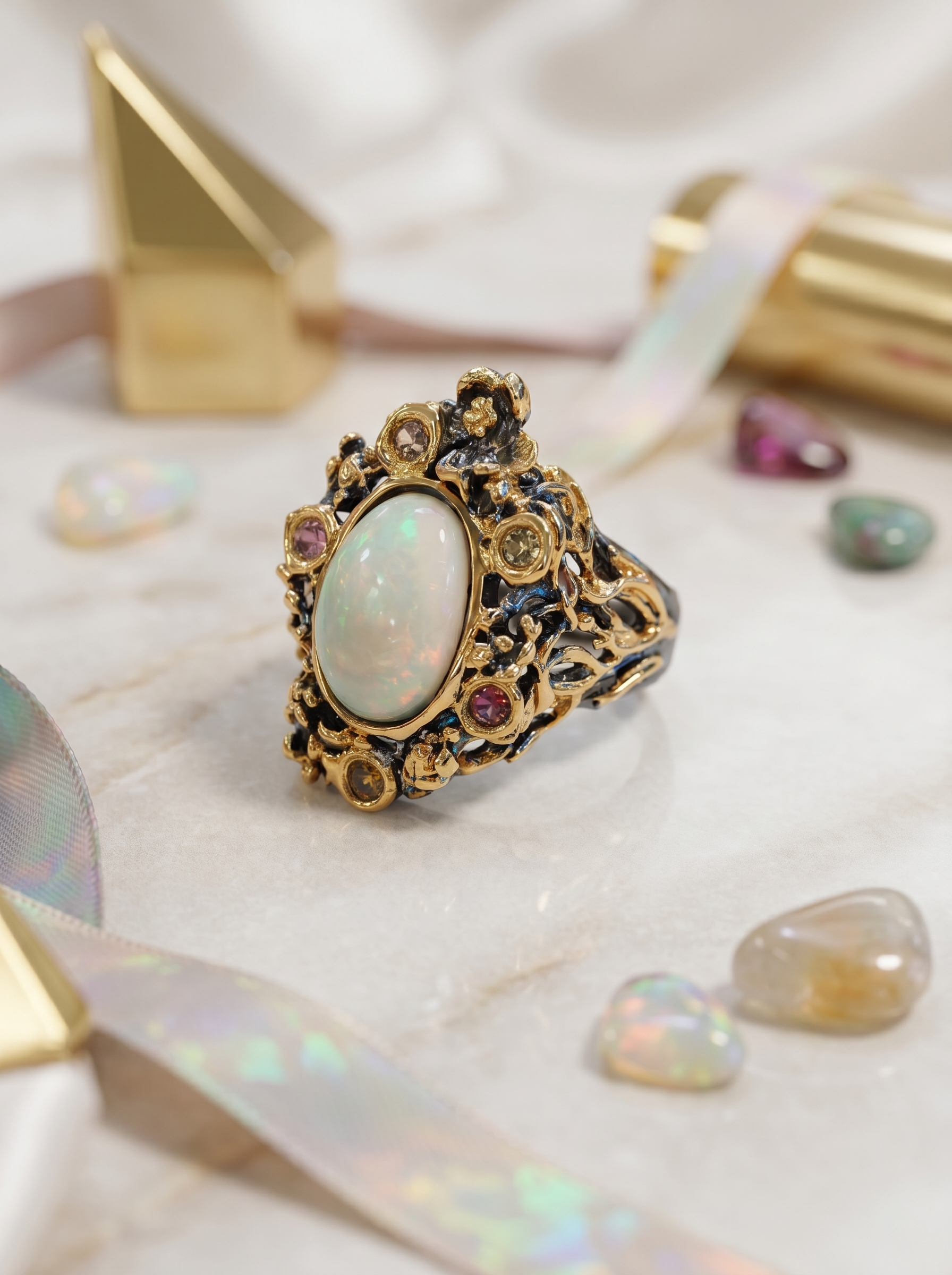 "Rainbow Bloom" Natural Opal Two-Tone Gold Adjustable Open Ring, 925 Silver