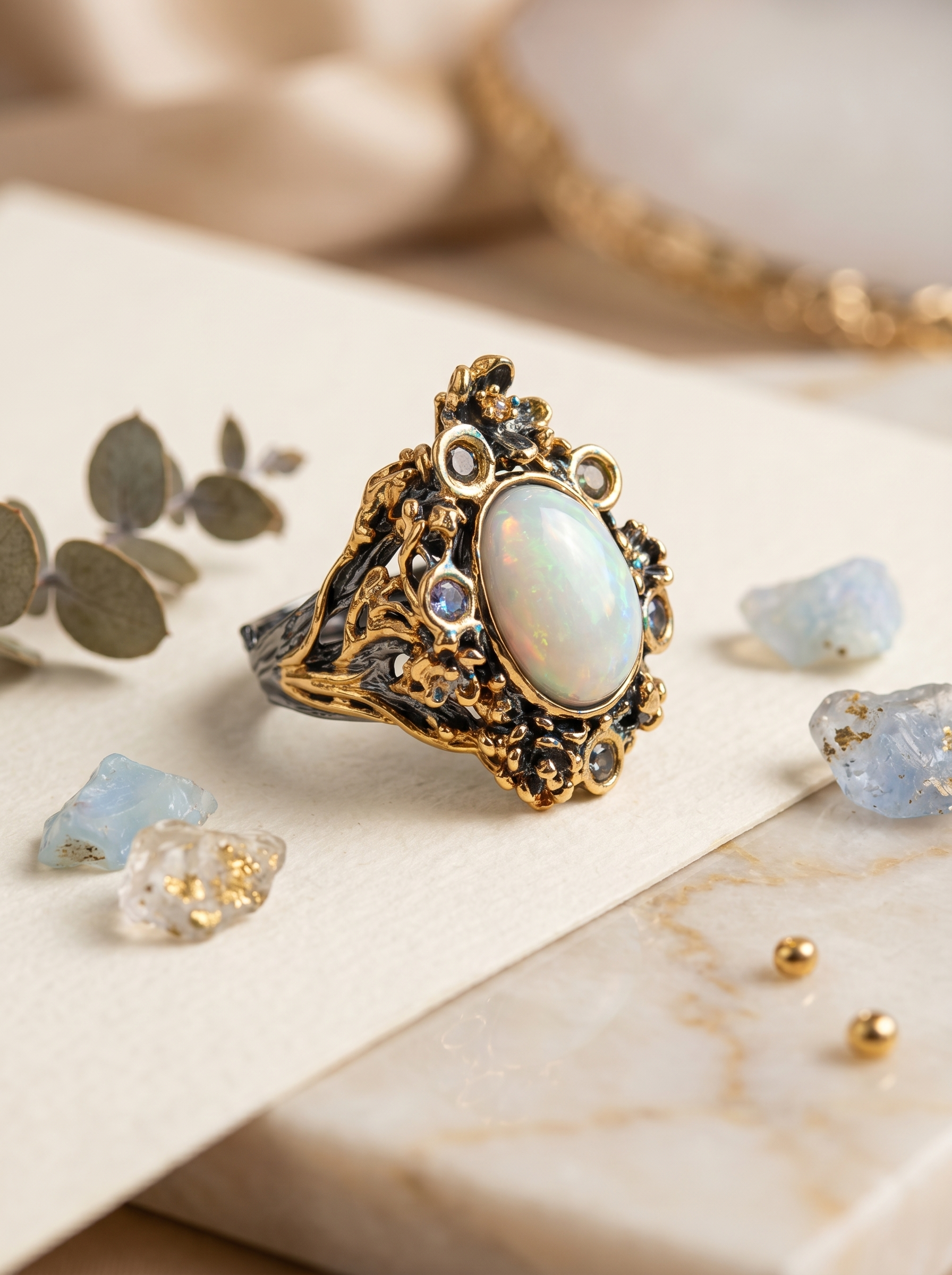 "Rainbow Bloom" Natural Opal Two-Tone Gold Adjustable Open Ring, 925 Silver