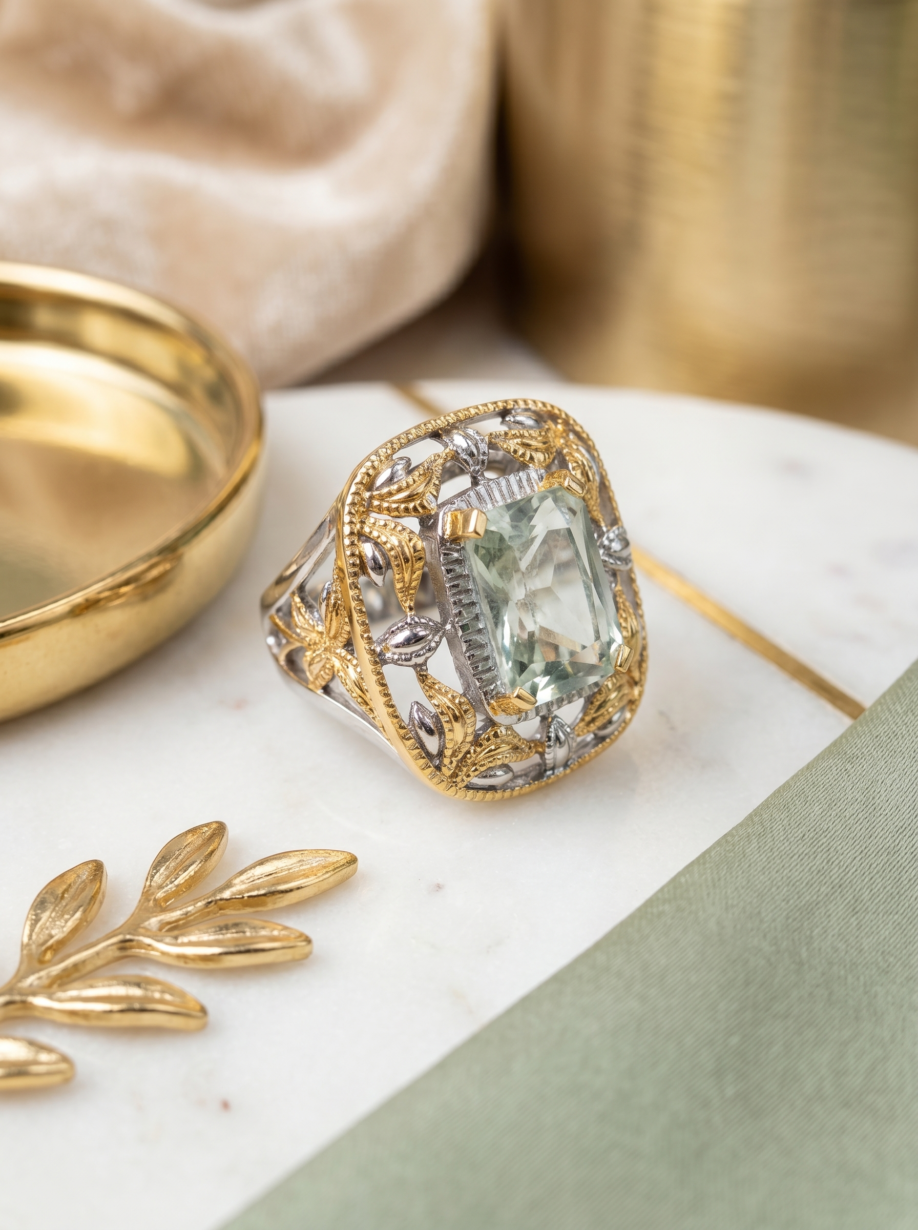 Two-Tone Gold Cushion-Cut Aquamarine Open Ring 925 Silver K-Gold