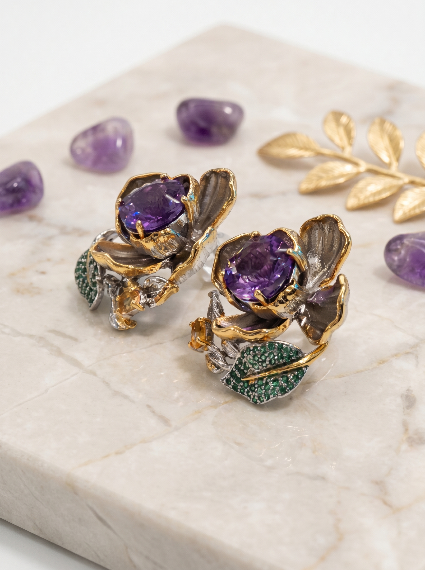 Floral Amethyst & Emerald Accent Two-Tone Earrings  925 Silver K-Gold