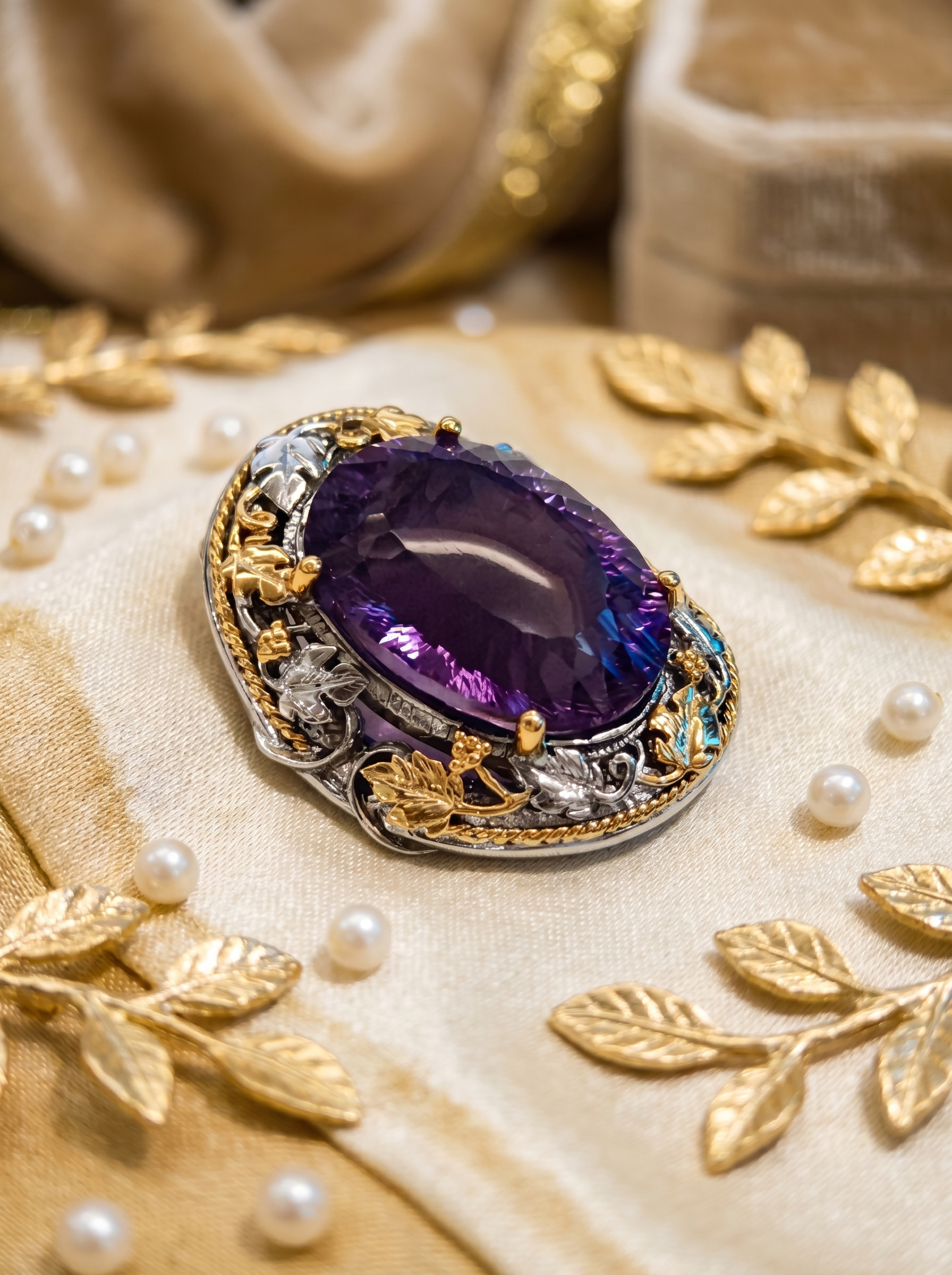 Vintage Palace Style Natural Amethyst Pendant & Brooch 2-in-1, Hand-Set in 925 Sterling Silver with K-Gold Plating