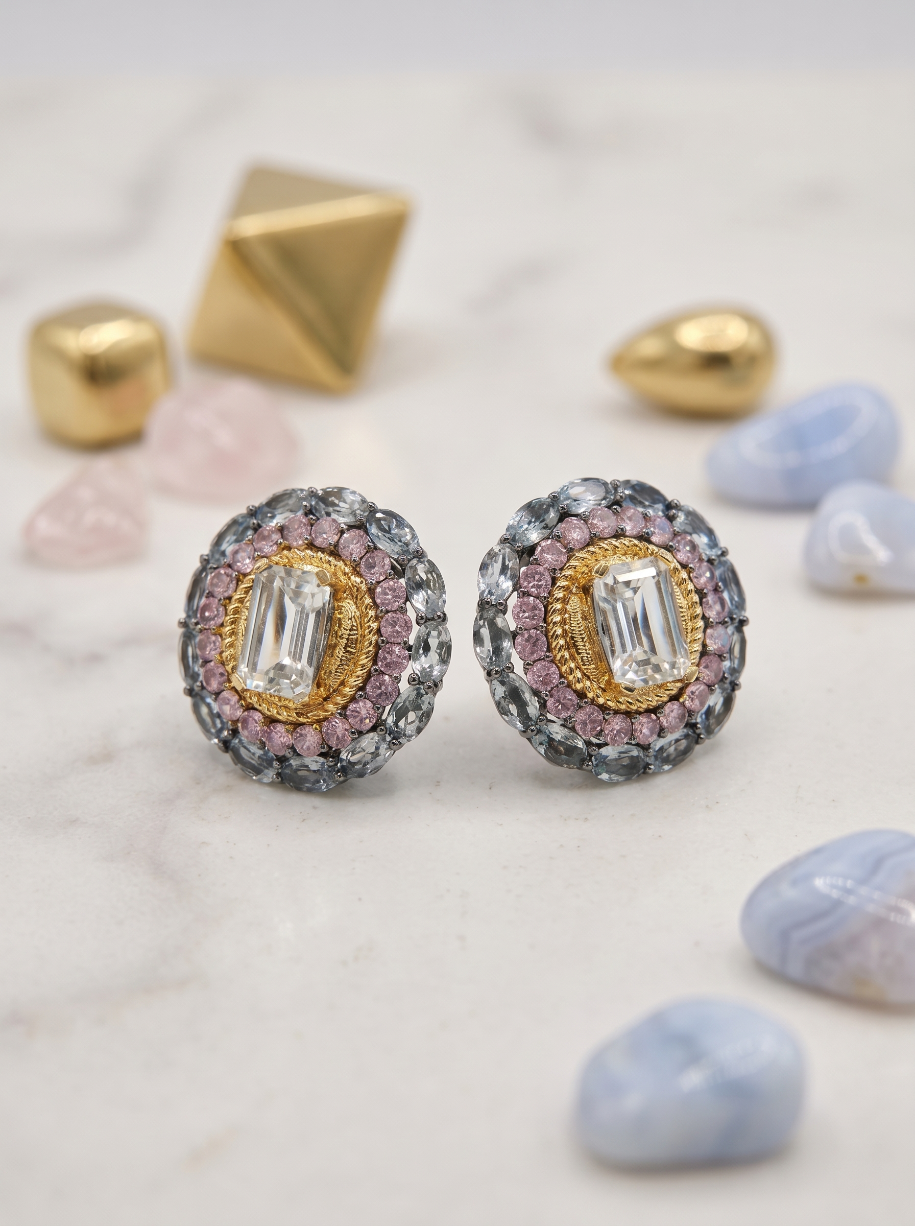Gilded Triple Halo Aquamarine Multi-Gem Stud Earrings 25 Silver K-Gold