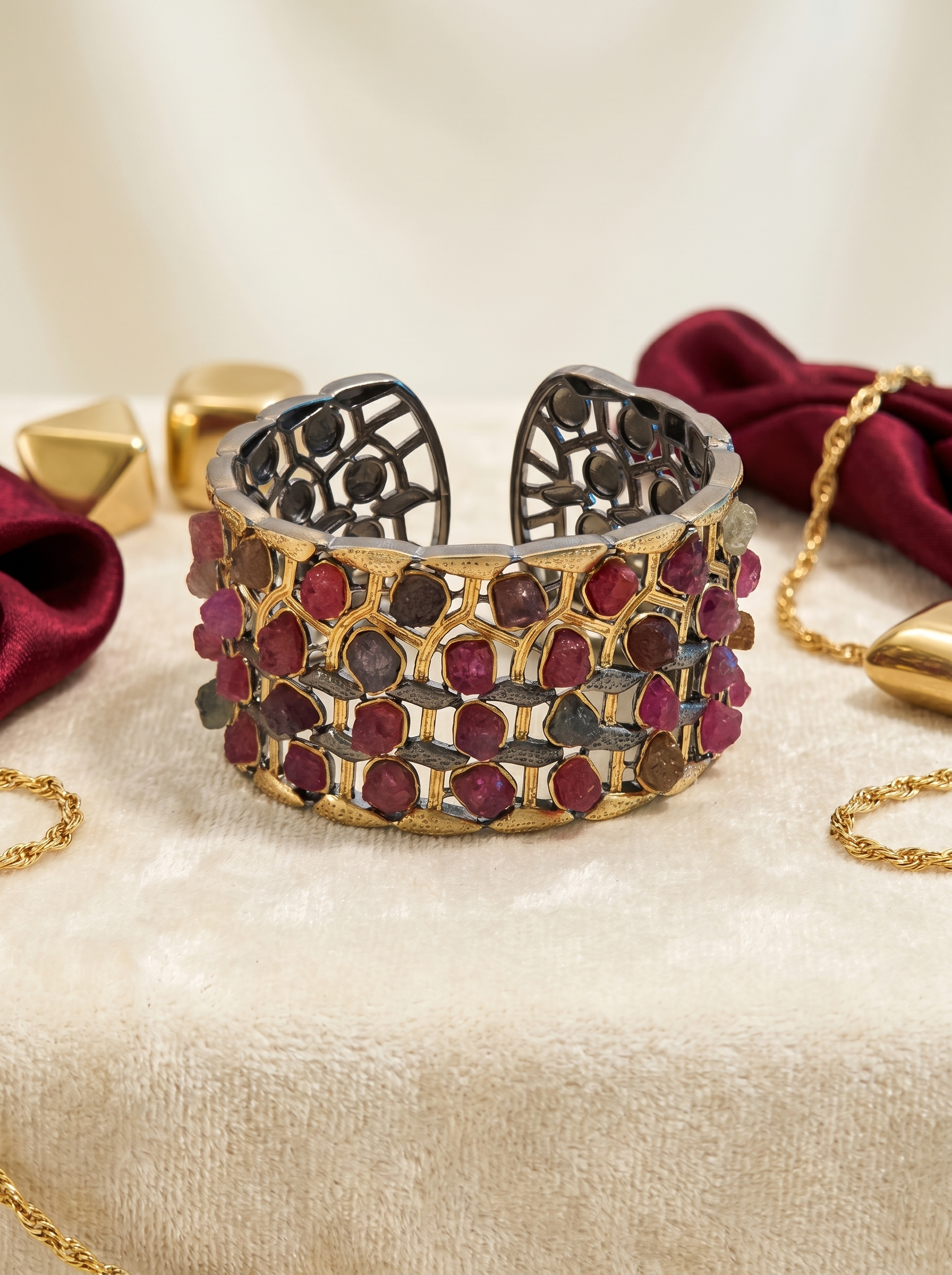 Gilded Honeycomb Natural Spinel Two-Tone Gold Cuff Bracelet 925 Silver K-Gold